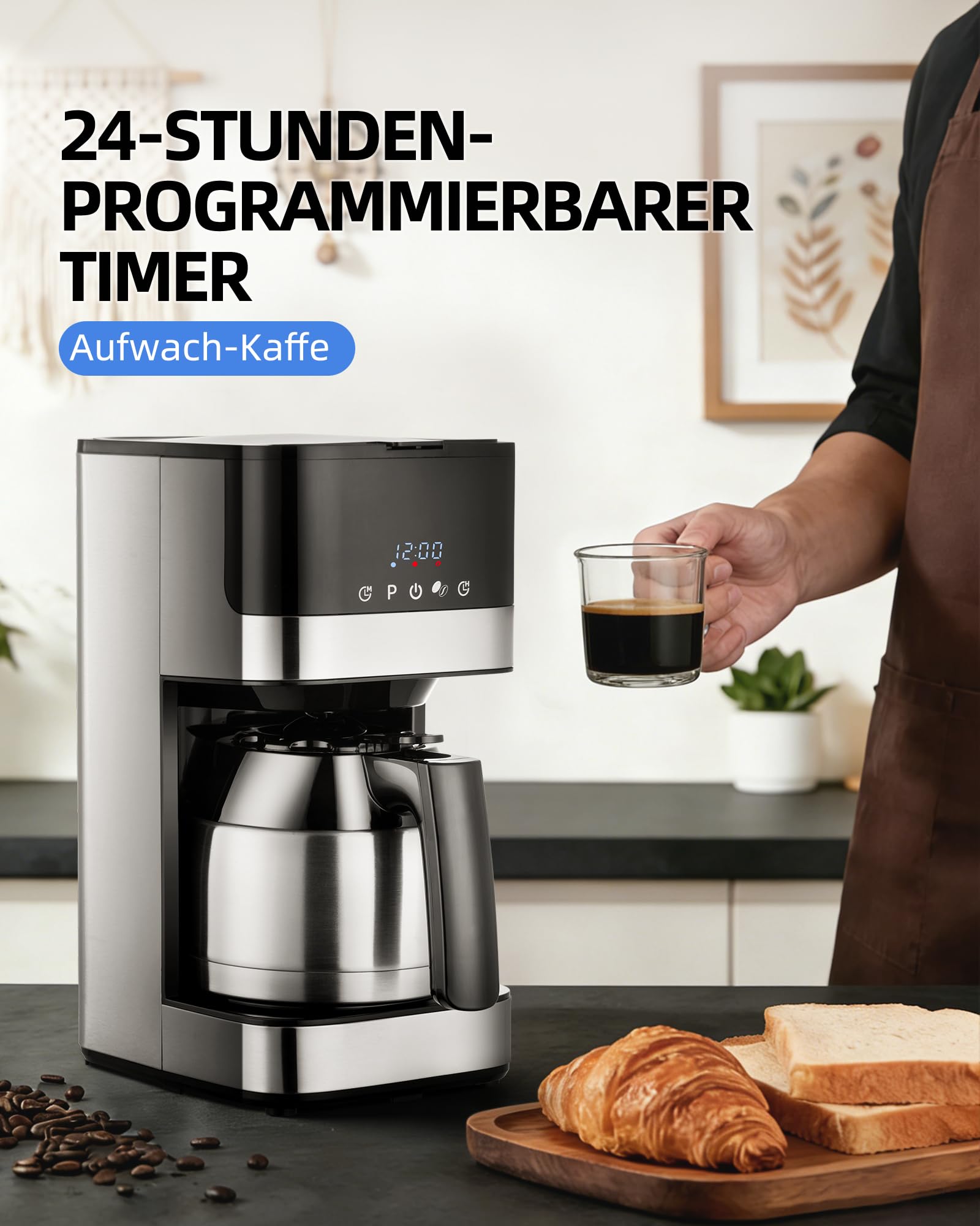 KEINVE Filterkaffeemaschine mit Thermokaraffe, Edelstahl Kaffeemaschine mit timer, 24H programmierbar, LED Display, Warmhalteplatte, Abschaltautomatik, Tropfstopp, 900W, 10 Tassen, 1 Liter