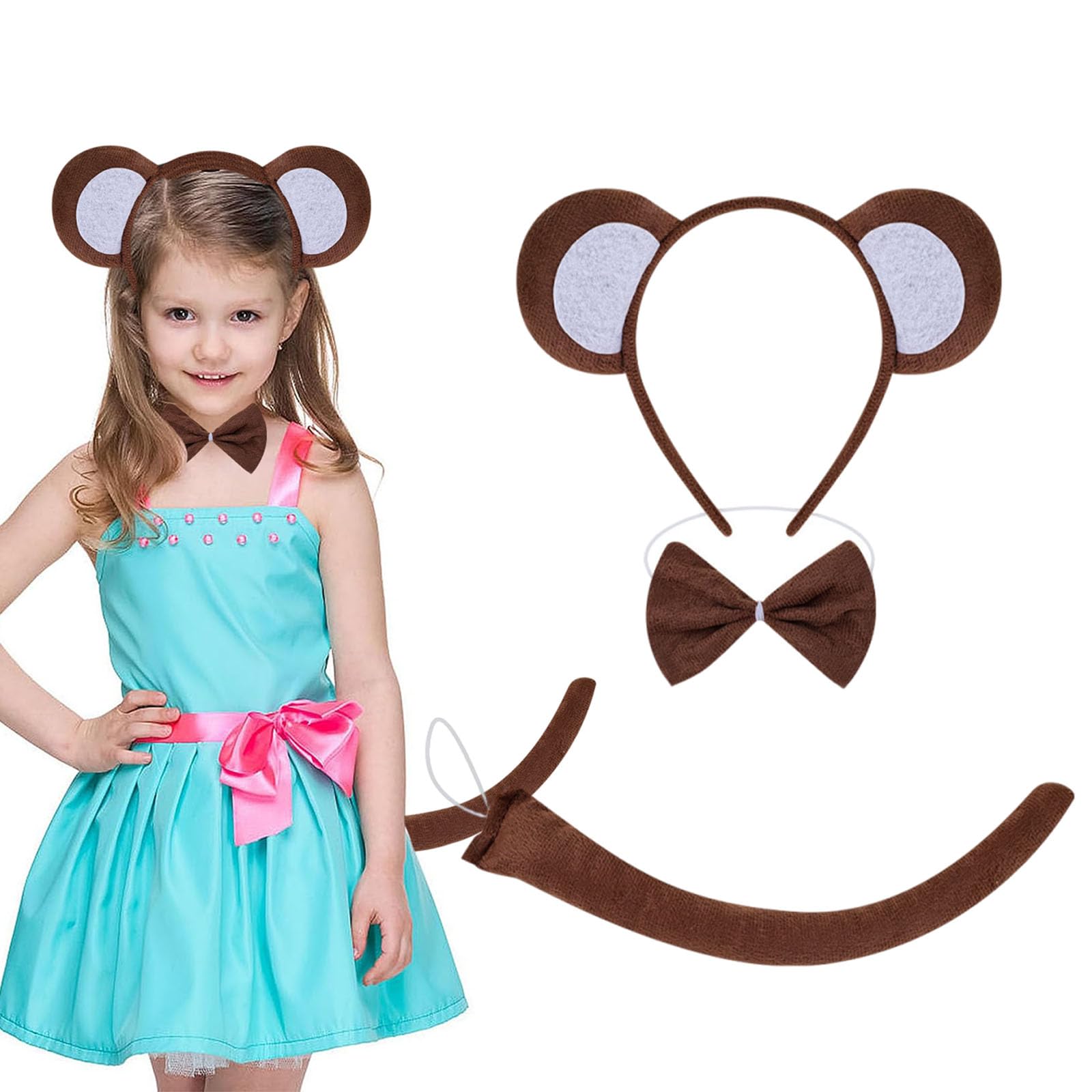 dinghaole 3 Pcs Monkey Fancy Costume, Animal Costume Set, monkey Ears Headband and Long Tail, Brown Monkey costume Animals Ears Tail for Dress Up Halloween Carnival Cosplay