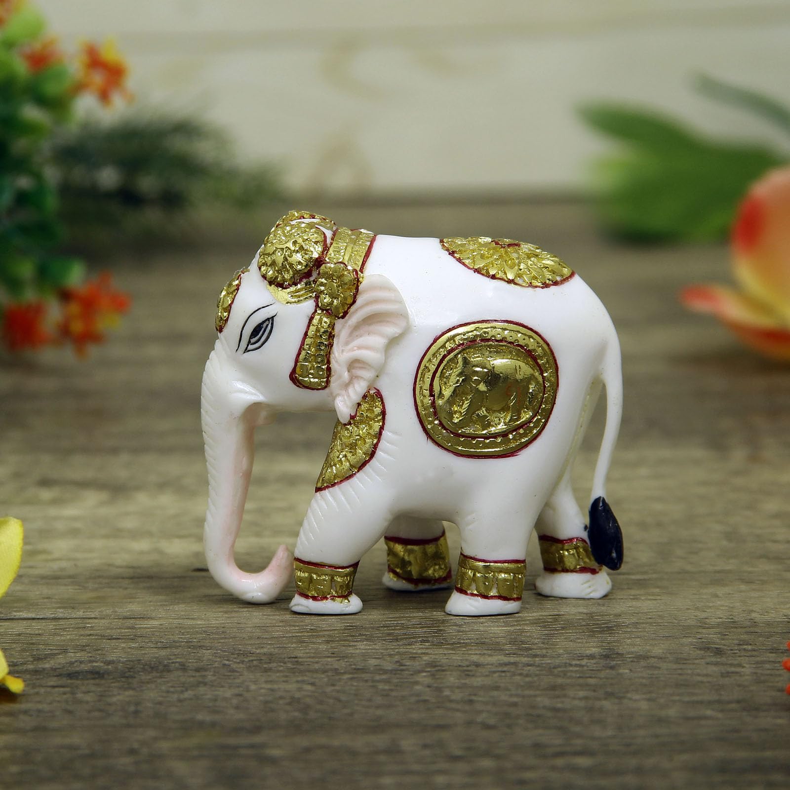 Handicrafts Paradise Culture Marble Elephant Hand Painted with Intricate Carving Showpiece for Home Decor - 3 inch