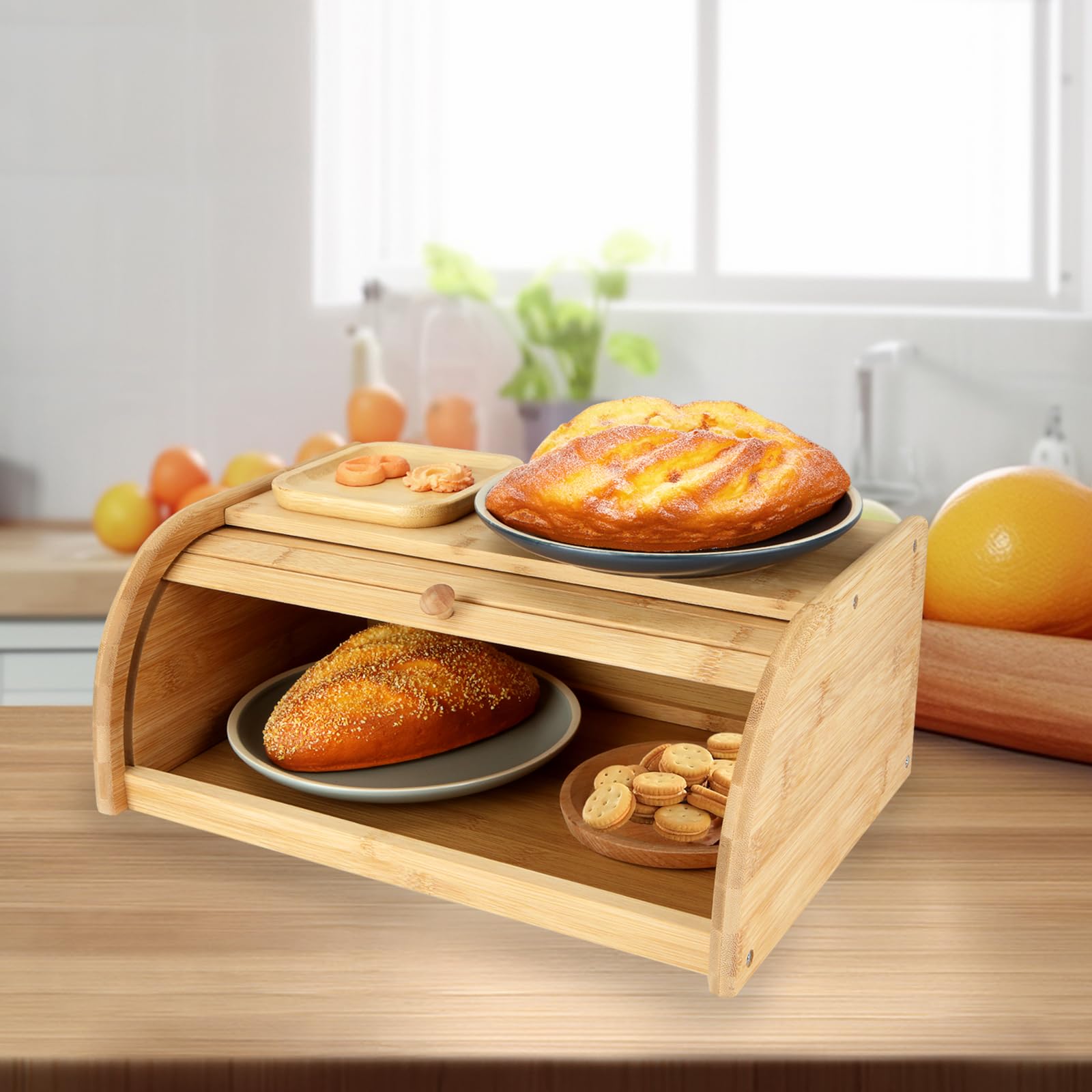 Contenitore per il pane in legno di bambù, 40 x 27 x 16,5 cm, contenitore per il pane in legno con coperchio arrotolabile, contenitore per pane sul piano di lavoro, portapane da cucina