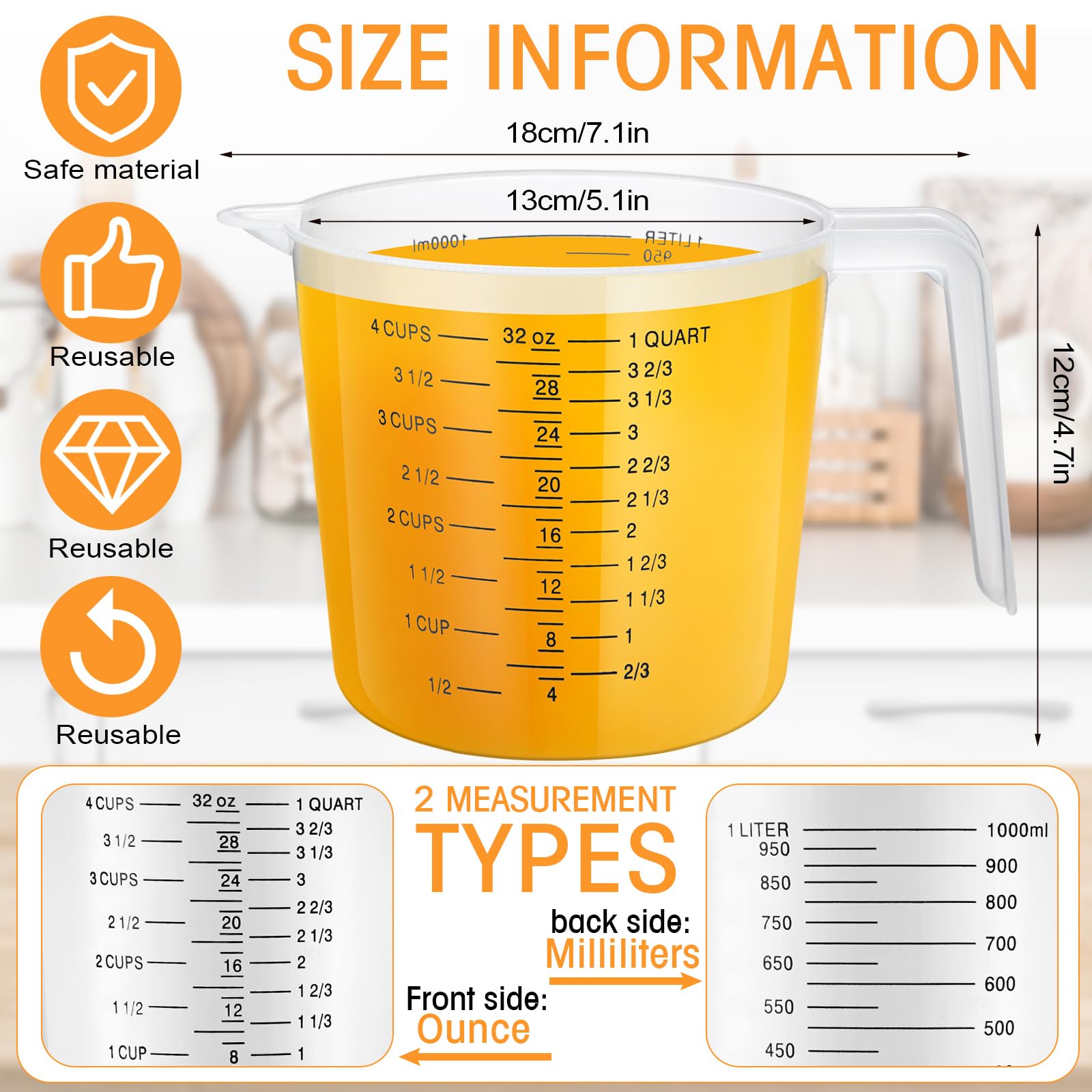 Fabbay 24 tazas medidoras de plástico con capacidad para 4 tazas de 1000 ml, tazas medidoras graduadas transparentes con boquilla y asas, marcado de onzas y ml para ingredientes de receta, harina
