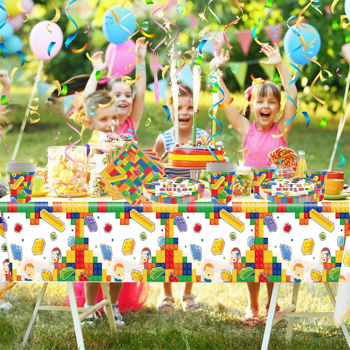 Blocchi di Costruzione Stoviglie per feste, Stoviglie per compleanni per bambini, mattoncini da costruzione Set di piatti di carta per feste, Compresi bicchieri, tovaglioli e tovaglie