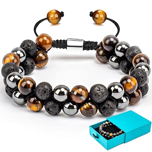 Miniatura 1 de Triple Protection Bracelet,Natural Tiger Eye Black Obsidian and Lava Rock Stone Healing Bracelet for Men Women Bring Good Luck Prosperity and