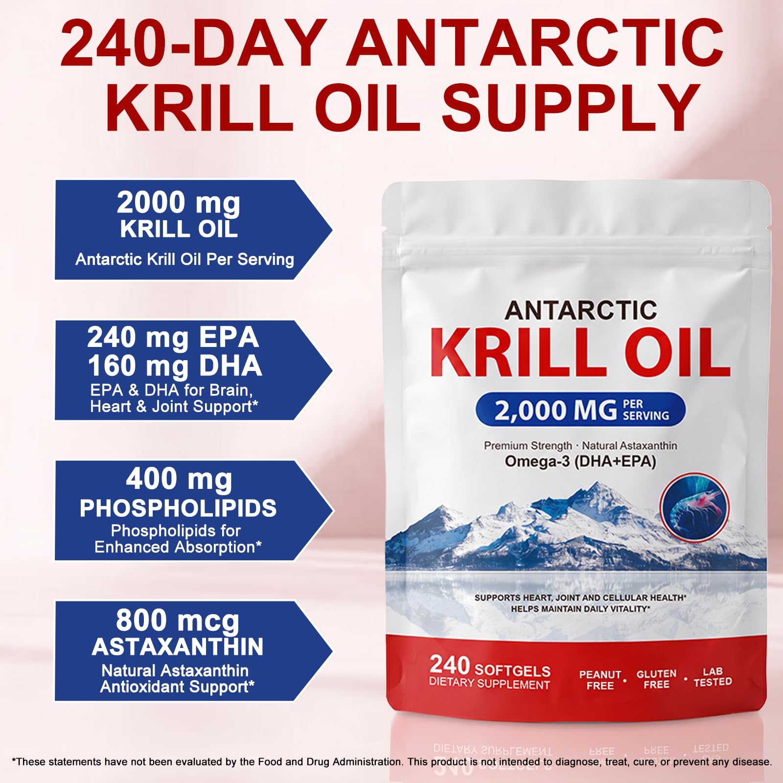 Antarctic Krill Oil 2000mg with Astaxanthin 800mcg | Omega-3 500mg | EPA 240mg | DHA 160mg | Phospholipids 400mg | 240 Softgels