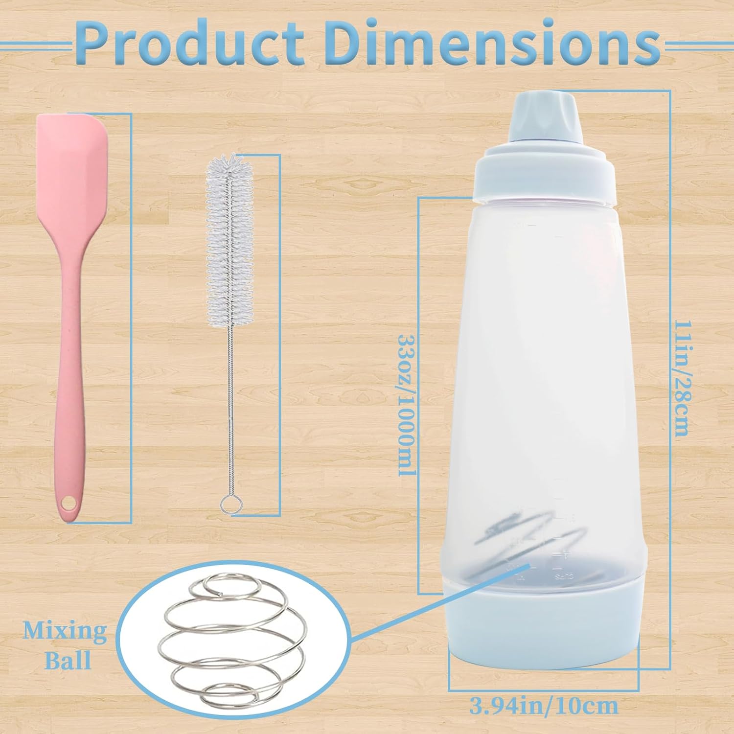 Pancake Batter Dispenser with BlenderBall & Wire Whisk – Includes Silicone Spatula & Cleaning Brush –Can shake Protein Powder, Perfect for Pancakes, Waffles, Crepes & More Kitchen Baking Tool 2 Pack