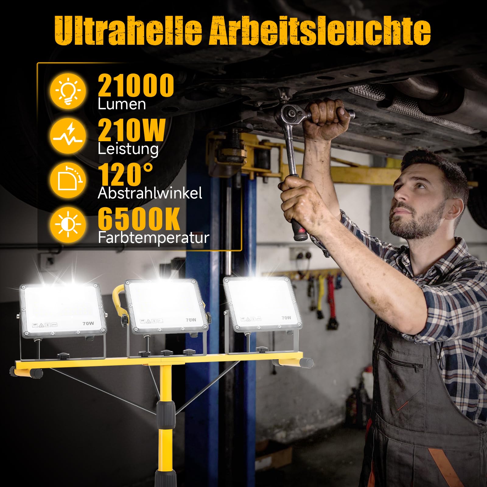 Yofuly Baustrahler LED mit Stativ 3×70W 21000LM, 3 Verstellbare Köpfe Baustellenlampe IP66 Wasserdichte, Baulampe mit 5m Kabel für Garage Werkstatt Baustelle, PC-Linsen | Höhenverstellbar 160cm