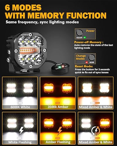 Miniatura 8 de Auxbeam Paquete de módulos LED de color ámbar blanco de 3 pulgadas con cubiertas de luz negra, 6 modos de luces estroboscópicas de doble color para