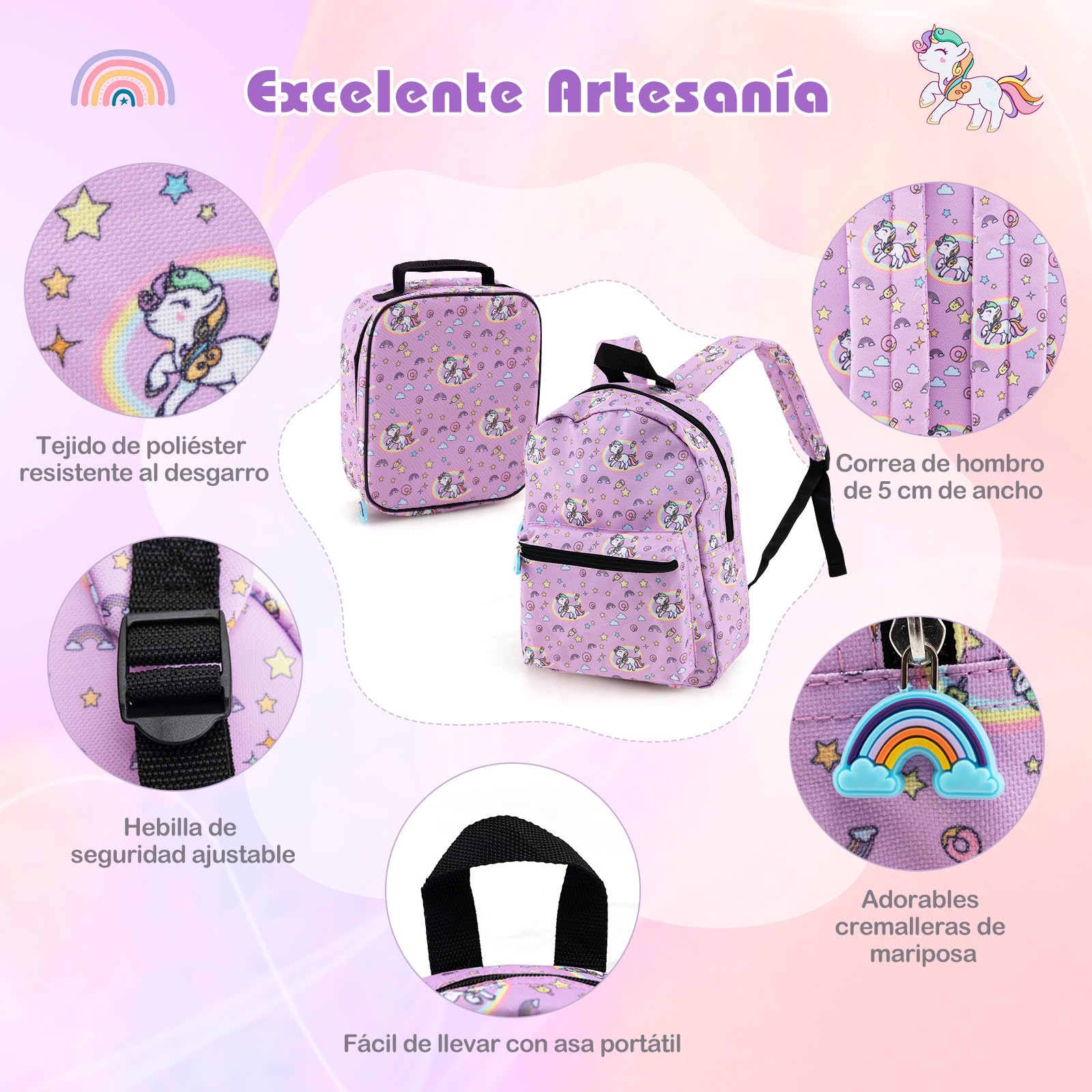 COSTWAY Maleta Cabina Niños de 5 Piezas, Maleta de Viaje Infantil con Mochila, Almohada para Cuello, Etiqueta de Equipaje, Bolsa de Almuerzo, Maleta niña con Ruedas Universales (Unicornio)