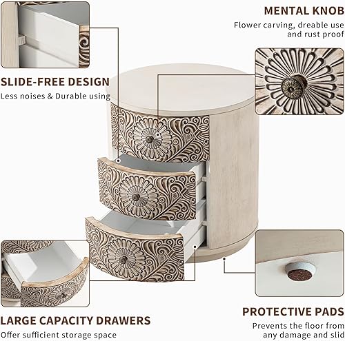 Miniatura 6 de COSIEST Cómoda de 3 cajones, armario de almacenamiento redondo de MDF de 20 pulgadas, mesita de noche retro con acabado blanqueado, mesita de noche