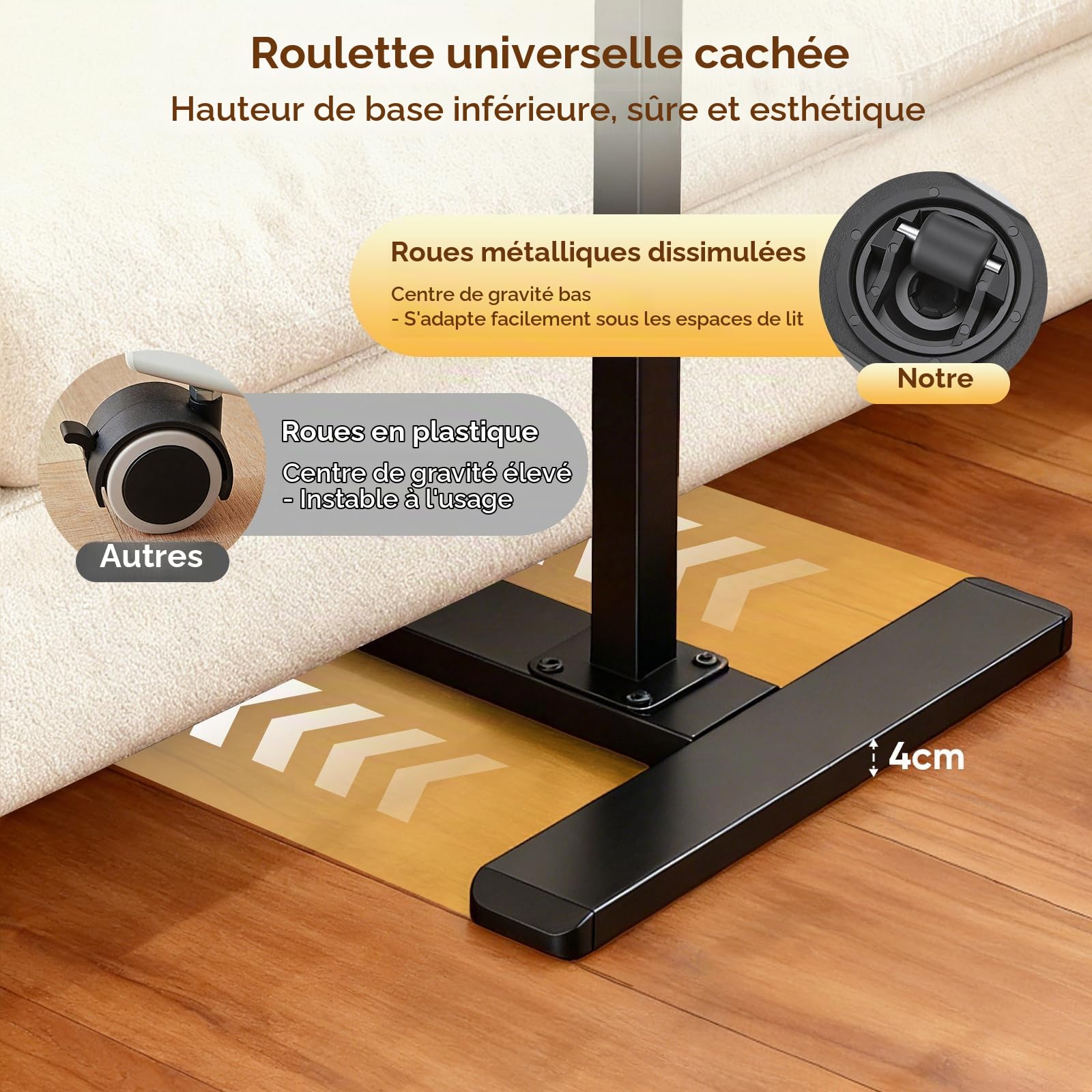 Table Lit Roulette Inclinable, 60×40cm, Scrivania mobile pour ordinateur portable avec roulettes, Plan de travail inclinable, bureau ergonomique pour home office, travail et salon, Brun Noyer