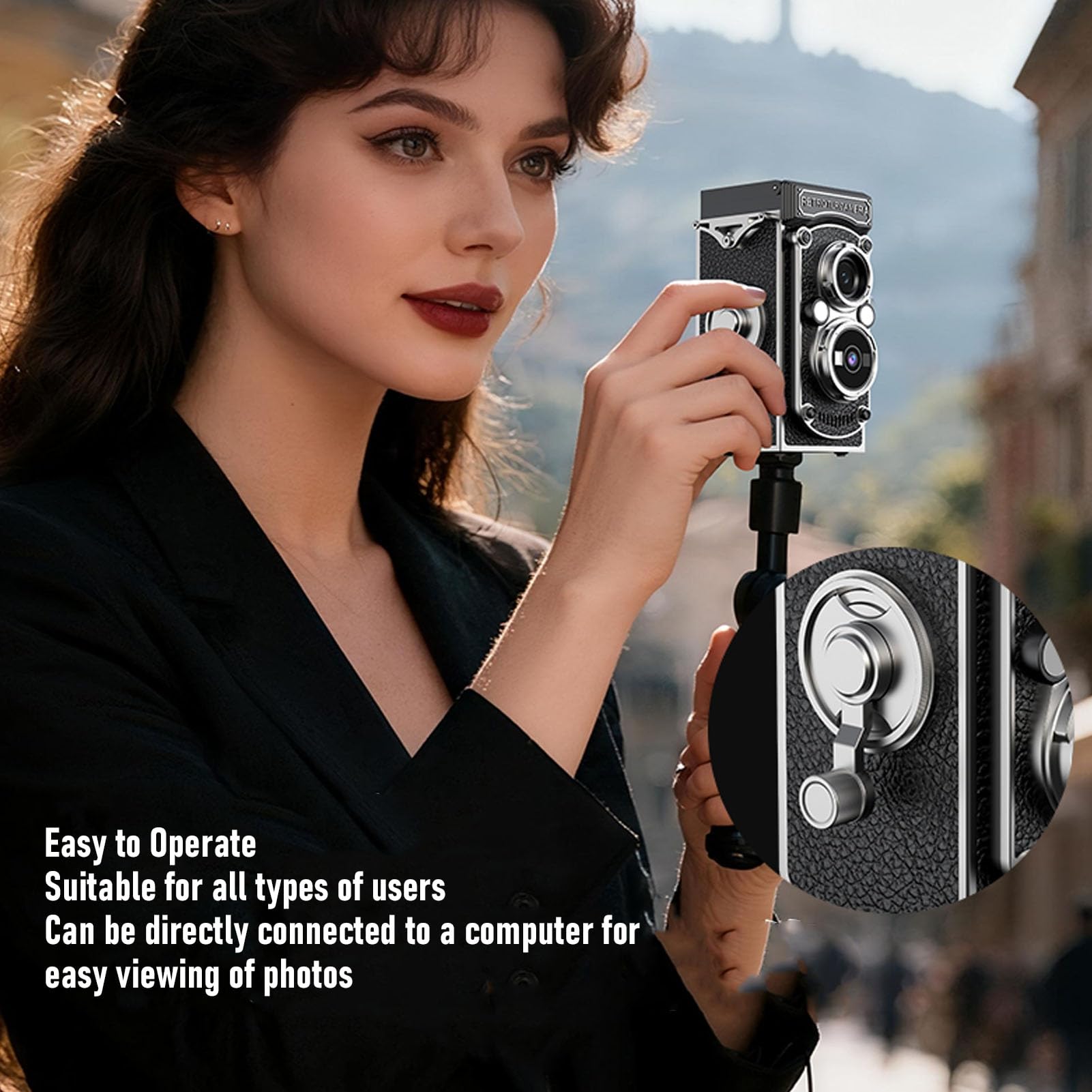 Cámara Digital Vintage 24M 2.7K Enfoque automático Estilo TLR Cámara portátil Viaje Grabación Diaria (Negra)
