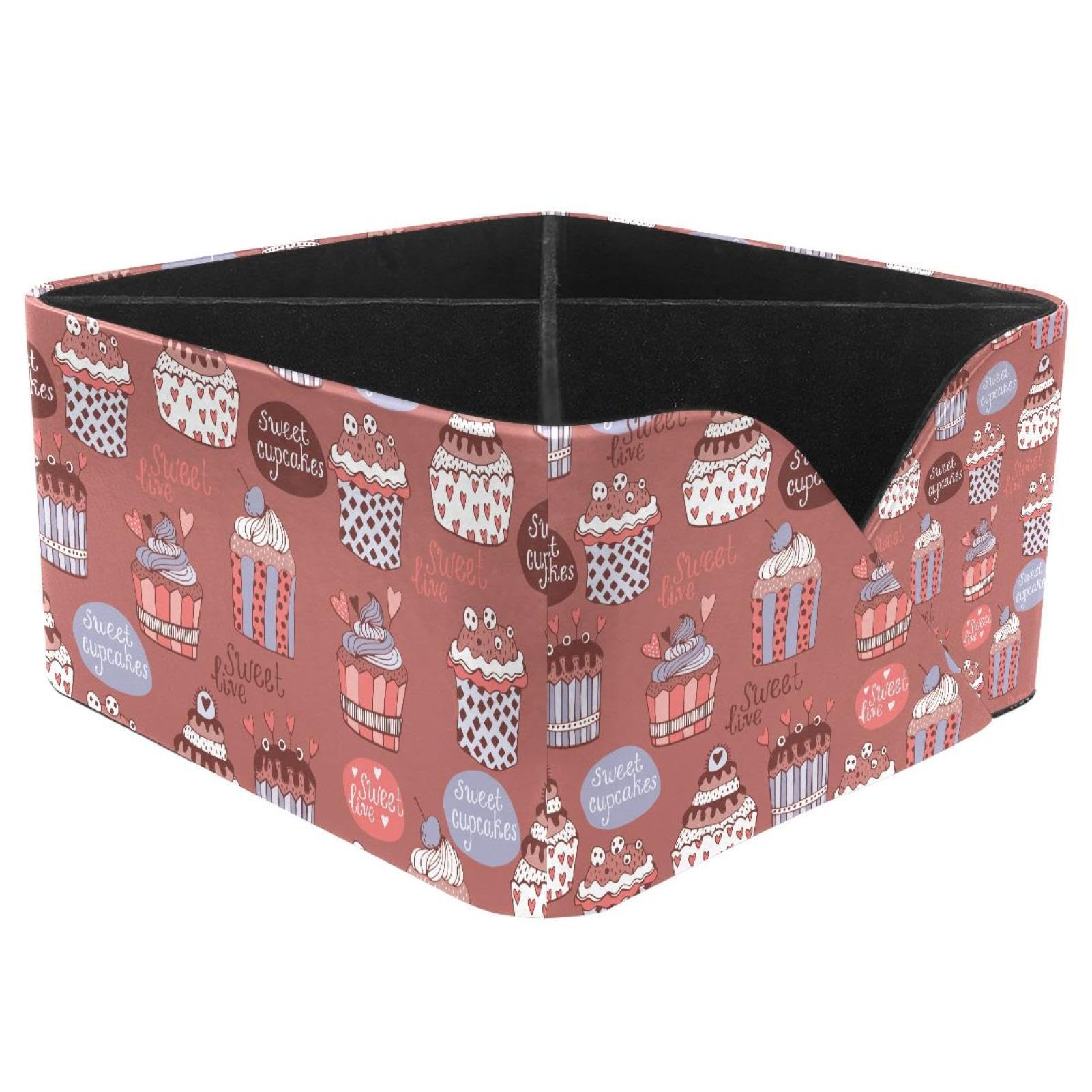 KengjuTesu Cute Sweet Cupcakes Pink Pattern Desktop Organizer Pen Holder, Rectangular Pencil Cup for Office, Study and Makeup Stations