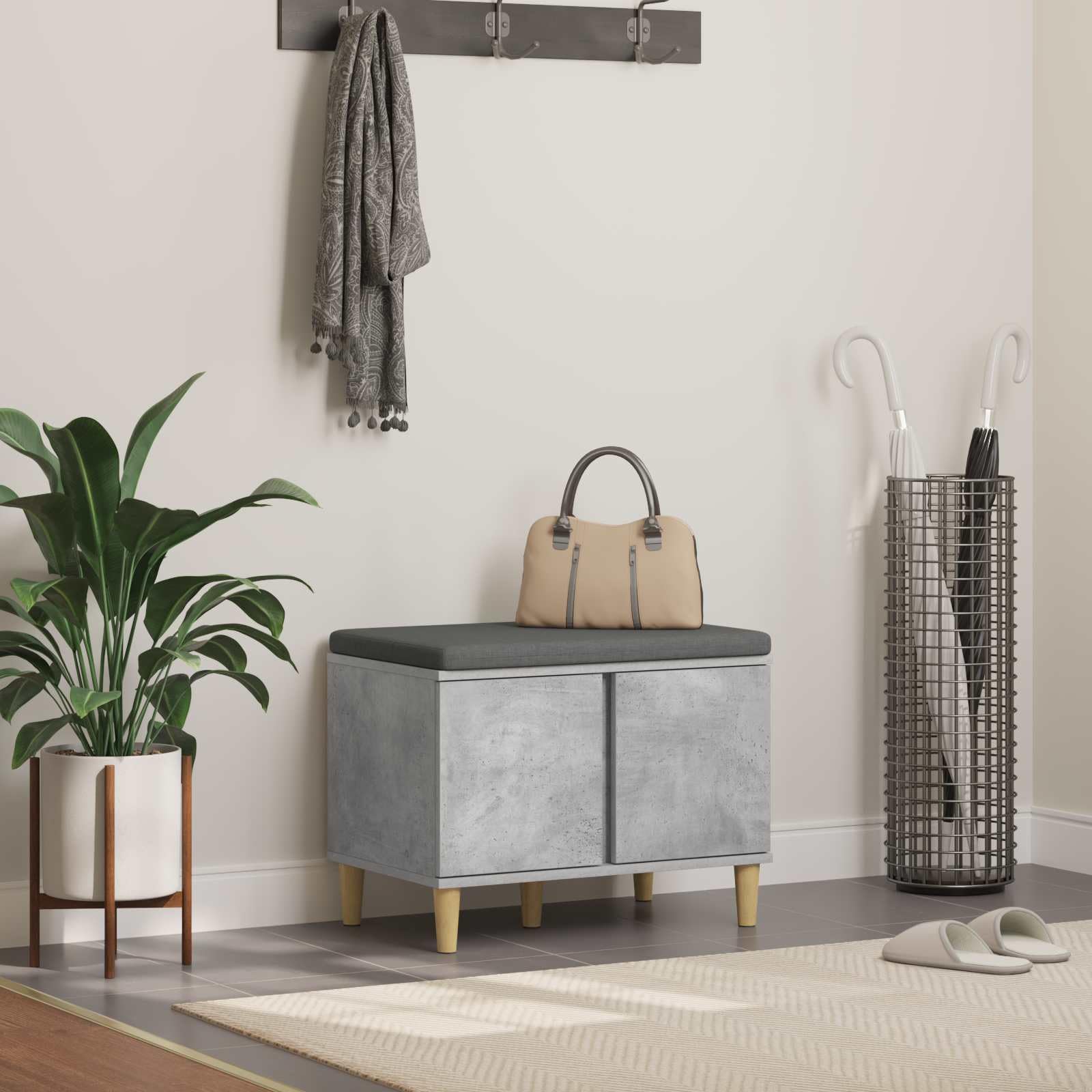 Banco de pasillo gris 60cm con cojín y gran almacenaje de madera
