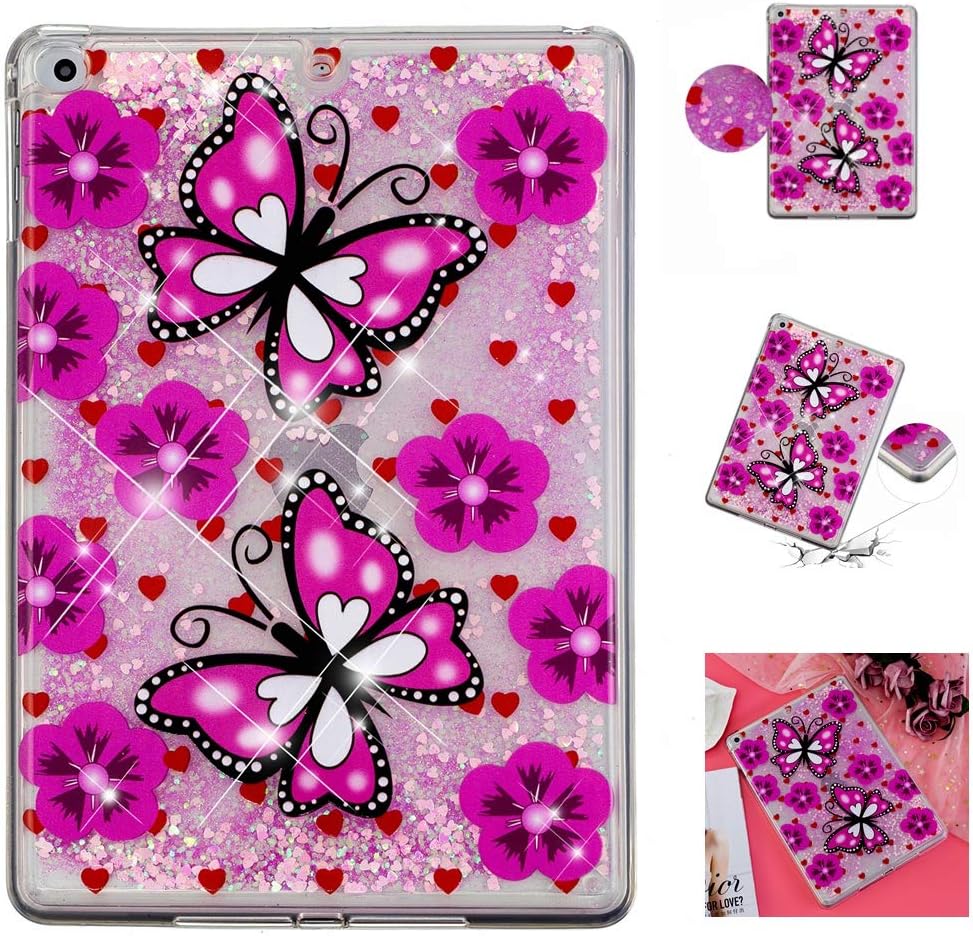 IPAD 5/6 Case, IPAD 9.7 Case, Transparent Clear 3D Creative Design Flowing Liquid Floating Bling Quicksand Sparkle TPU Bumper Glitter Slim Fit Cover Case for iPad 5/6 iPad 9.7 inch-Flower Butterfly
