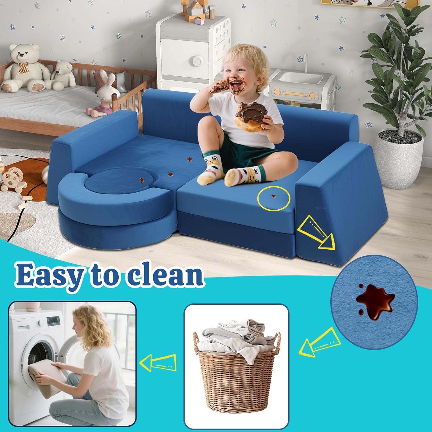 13Pcs Modular Kids Play Couch Toddler Couch Kids Sofa Playroom Furniture Convertible Foam and Floor Cushion Highly Elastic Foam for Boys and Girls (Blue)