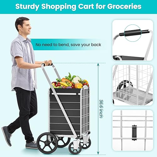 Miniatura 6 de Folding Shopping Cart for Groceries, Large Grocery Cart with 360 Swivel Wheels and Waterproof Liner, 300 LBS Heavy Duty Utility Carts for Shopping,