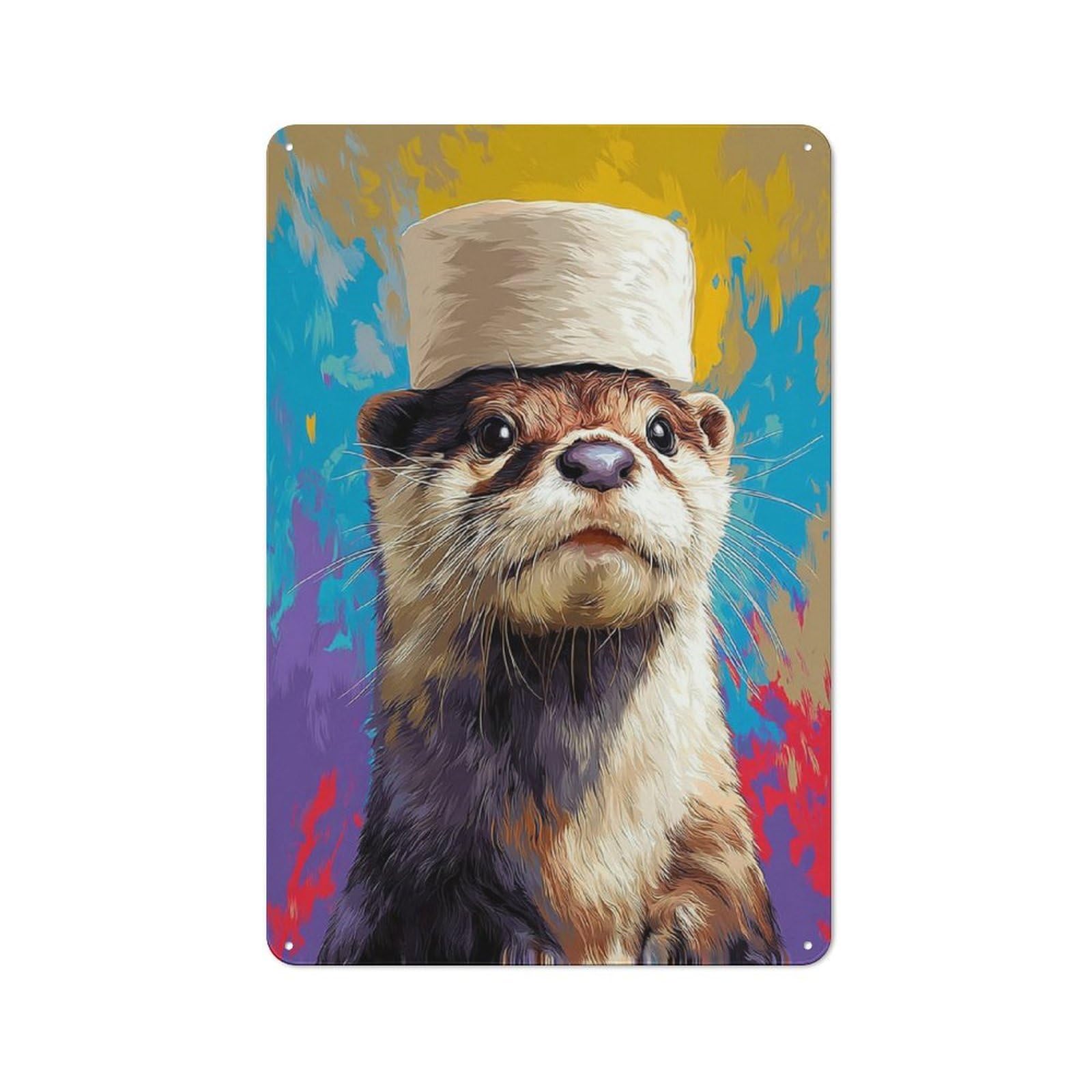 Junmoney Otter In Top Hat Colorful Artwork Country Metal Sign With Design 30X20cm, Farmhouse Farmhouse Wall Decor For Kitchen, Cottage, Porch Or Garden Room
