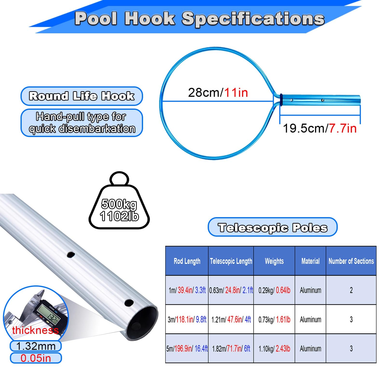 Bâton d'écumoire de nettoyage de piscine avec crochet, poignée télescopique en aluminium pour plus de sécurité et de sauvetage, portée de 3 m