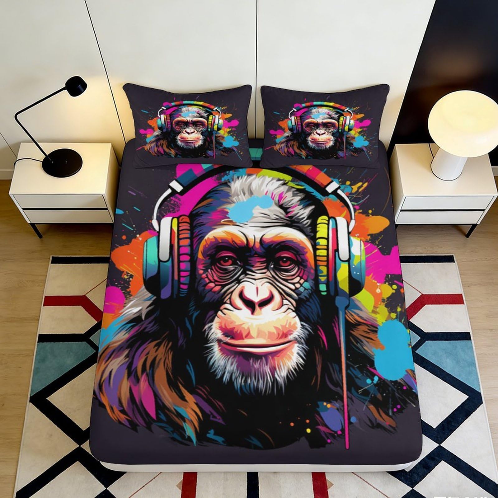 3D Printed Colorful Dog Headphone Fitted Sheet Microfiber Anti-Slip Mattress Cover for Bedroom Dorm Decor 116 120x200x25cm