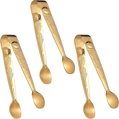 3Pcs Mini Serving Tongs, 4.1 Inch Stainless steel Sugar Tongs Ice Tongs for Charcuterie Desserts Tea Coffee Party Appetizers (Gold)