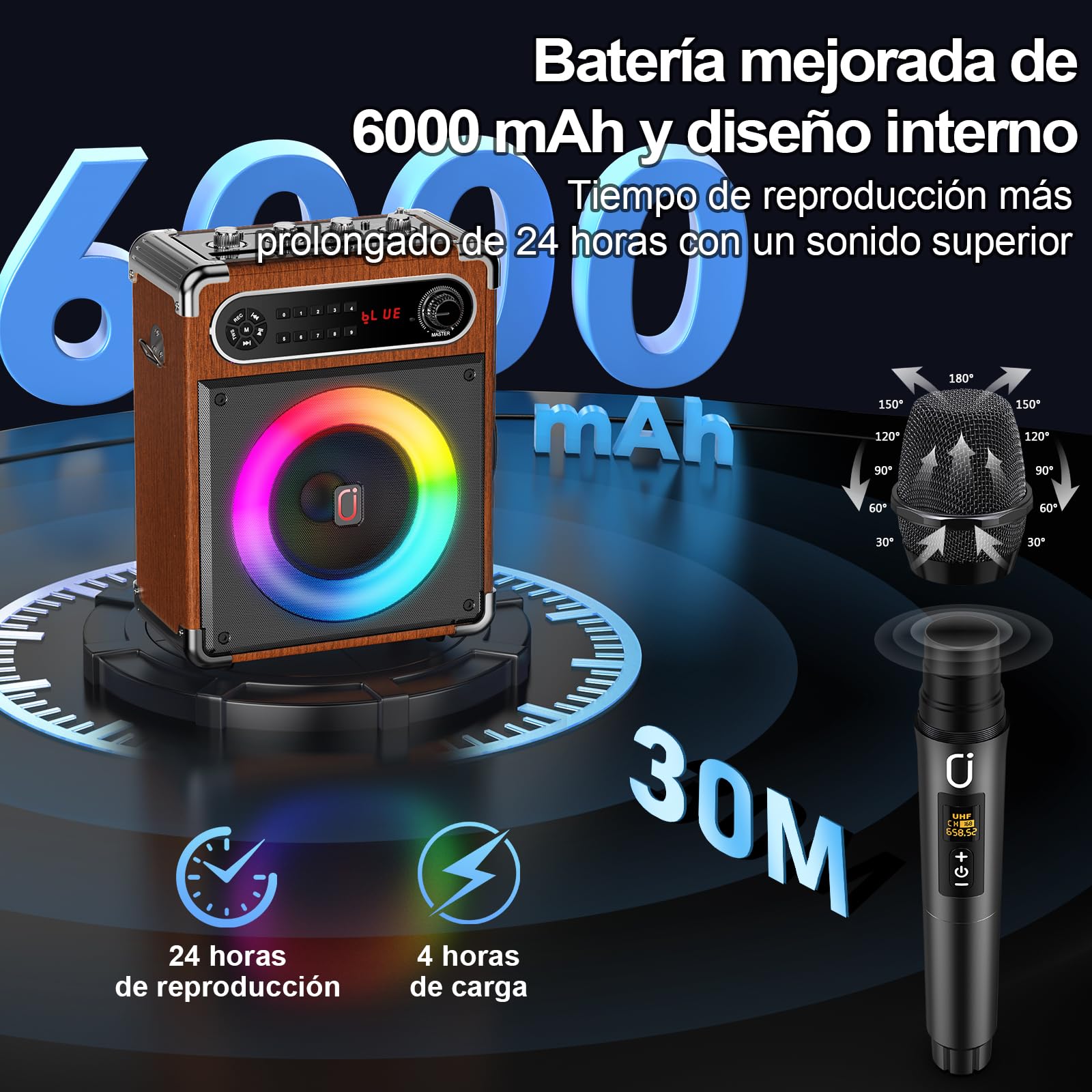 JYX Máquina de karaoke con 2 micrófonos, caja de karaoke portátil Bluetooth 5.3, sistema PA de 80 W con luces RGB, graves/agudos/eco, TWS/FM/TV/AUX/USB/TF/REC para familia, fiestas, exteriores (madera
