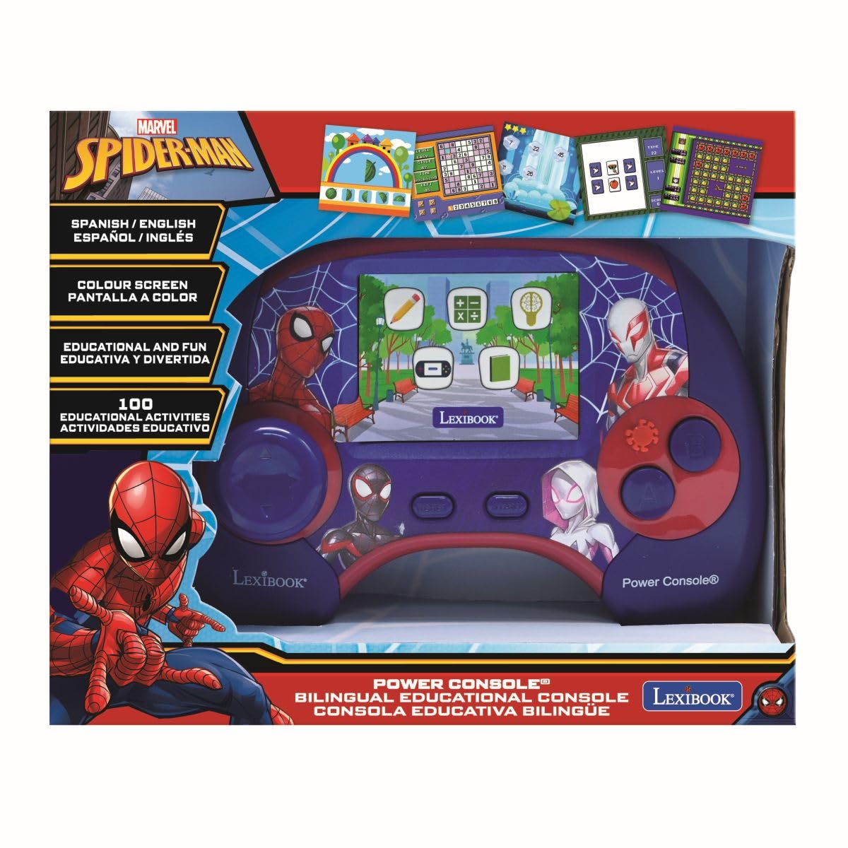 Lexibook, Spider-Man Consola Educativa Power Console, JCG100SPi2LXB | Español/Inglés, 100 actividades, consola de juegos educativa