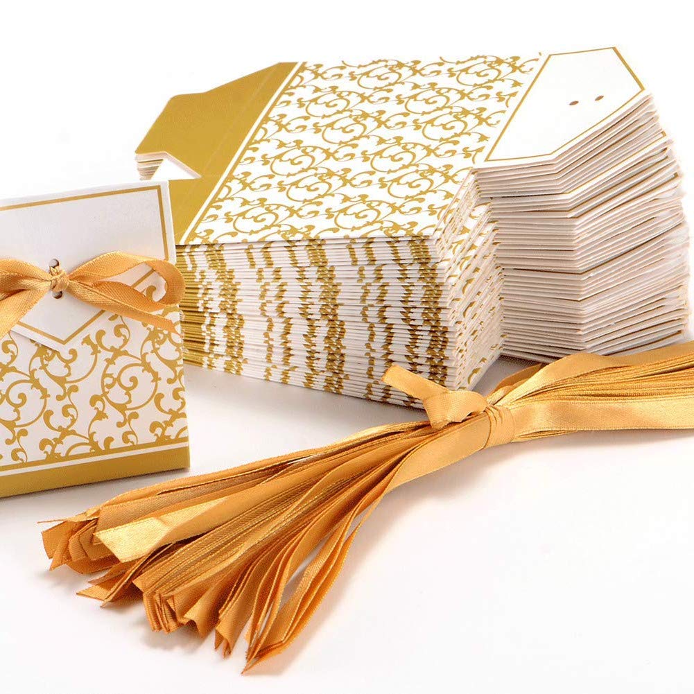 KUPOO 50PCS Candy Boxes,Gold Ribbon Wedding Favor Boxes Candy Bag Cake Box for Wedding Party Decoration Easter (gold)
