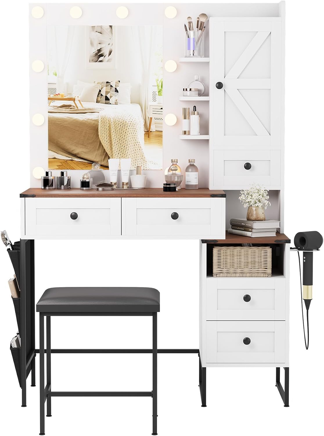 YIKEHOME 41" W Vanity Desk with Mirror, Makeup Vanity Set with Power Outlet and Comfortable Bench, Farmhouse Vanity for Bedroom Brown (006 Brown)
