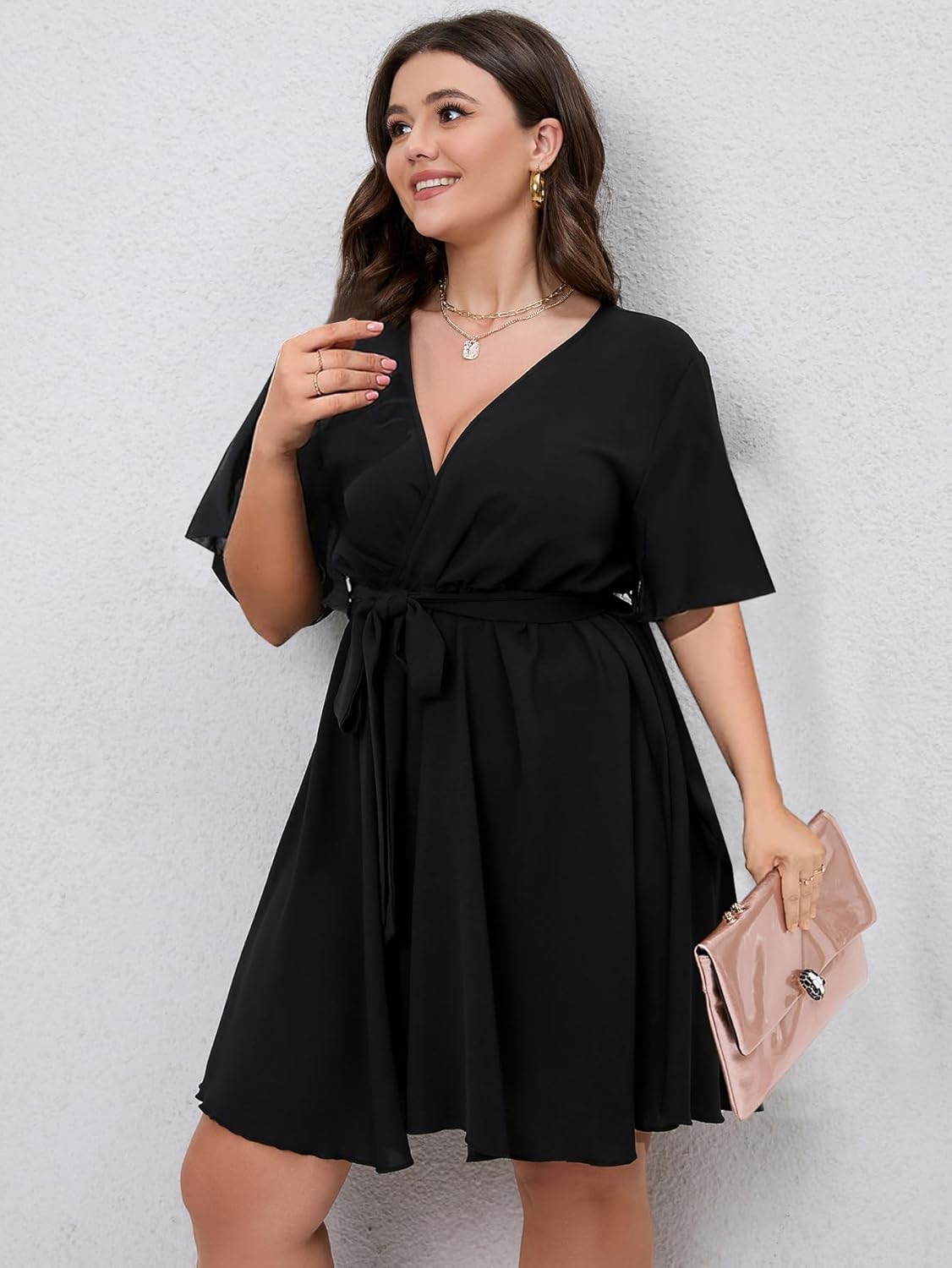 SCOMCHIC Women's Plus Size Summer Dresses Short Sleeve Wrap V Neck A Line Skater Mini Short Dress XL-4XL - Image 3