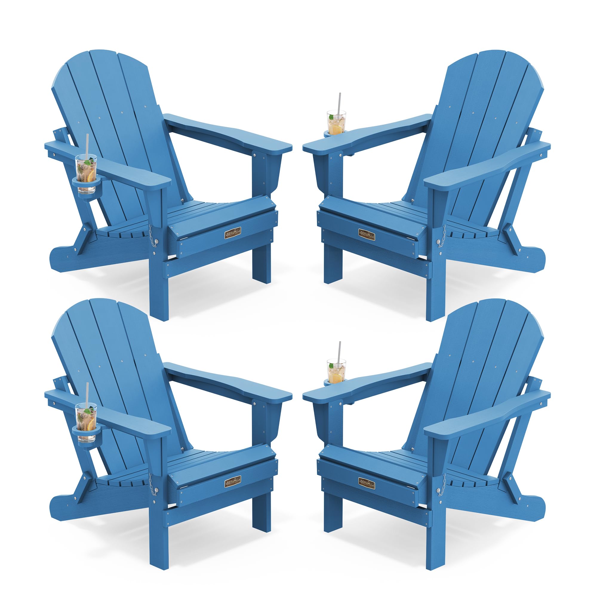 SERWALL Folding Adirondack Chairs Set of 4 with Cup Holders - Sapphire