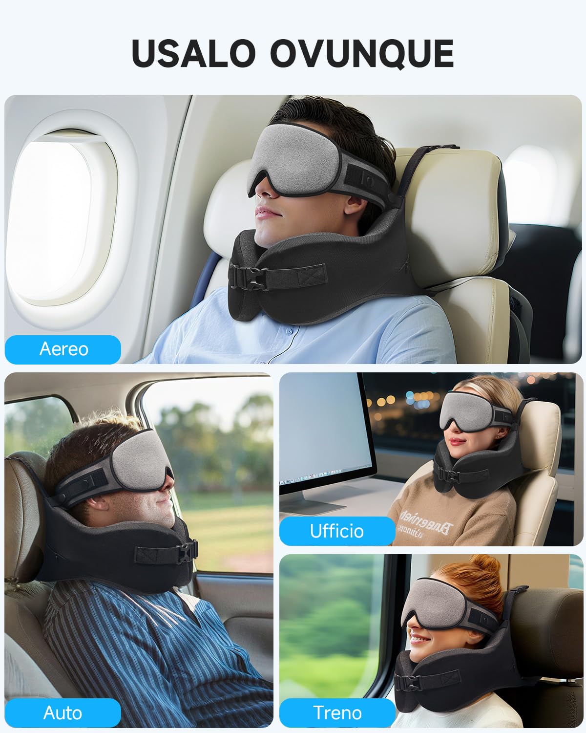 Umisleep Cuscino da Viaggio Memory Foam, Cuscino Cervicale per Aereo con Supporto 360°, con Maschera Occhi 3D, Cuscino da viaggio anticaduta testa per aereo, Ideale per Voli Lunghi, Grigio