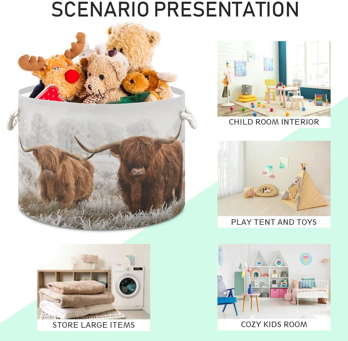 Scottish Highland Cow Cotton Rope Basket, XXX Large Collapsible Storage Basket for Toys, Pillows, Blankets in Living Room, Laundry Room, Bathroom, Home Decor