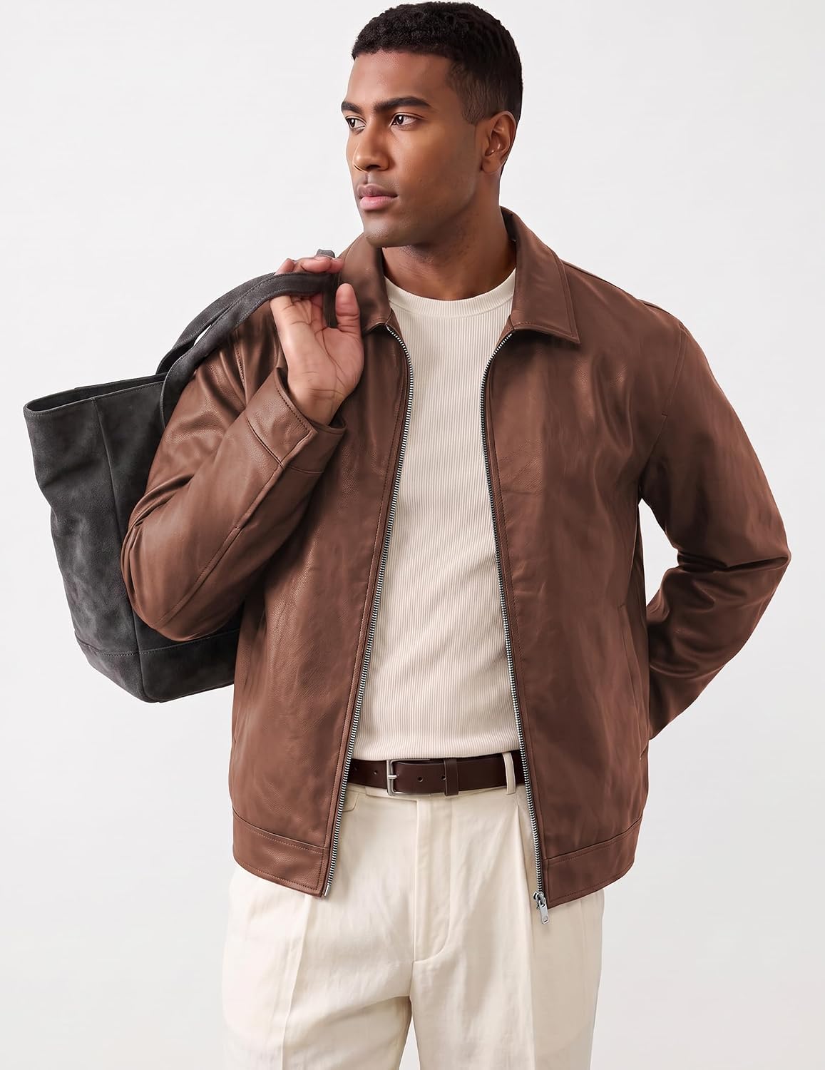 JMIERR Mens Faux Leather Jacket With Pockets Zip Up Coat Relaxed Fit
