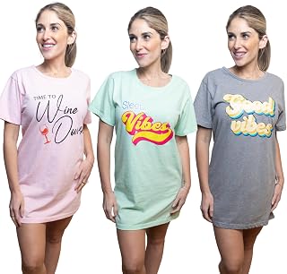 MISS POPULAR 3-Pack Women’s Sleep Shirts, Short Sleeve Nightgown, Soft 60% Cotton 40% Polyester Cute Printed Dorm Sleepwear