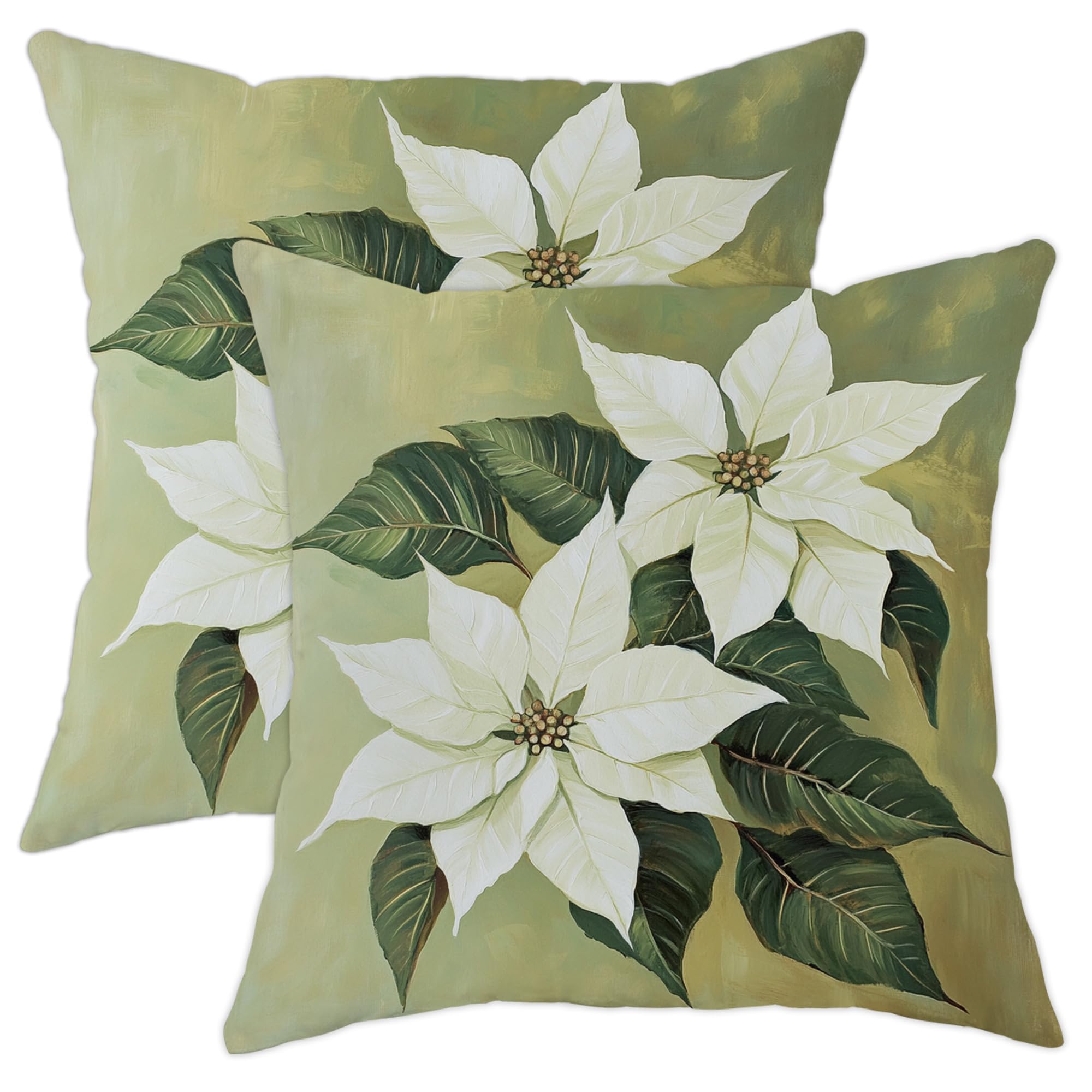 Holiday Pillow Covers Set of 2, White Poinsettia Floral Throw Pillows Case, Winter Decorative Square Farmhouse Decor Cushion Covers for Home Sofa Bed Couch 20x20 Inch