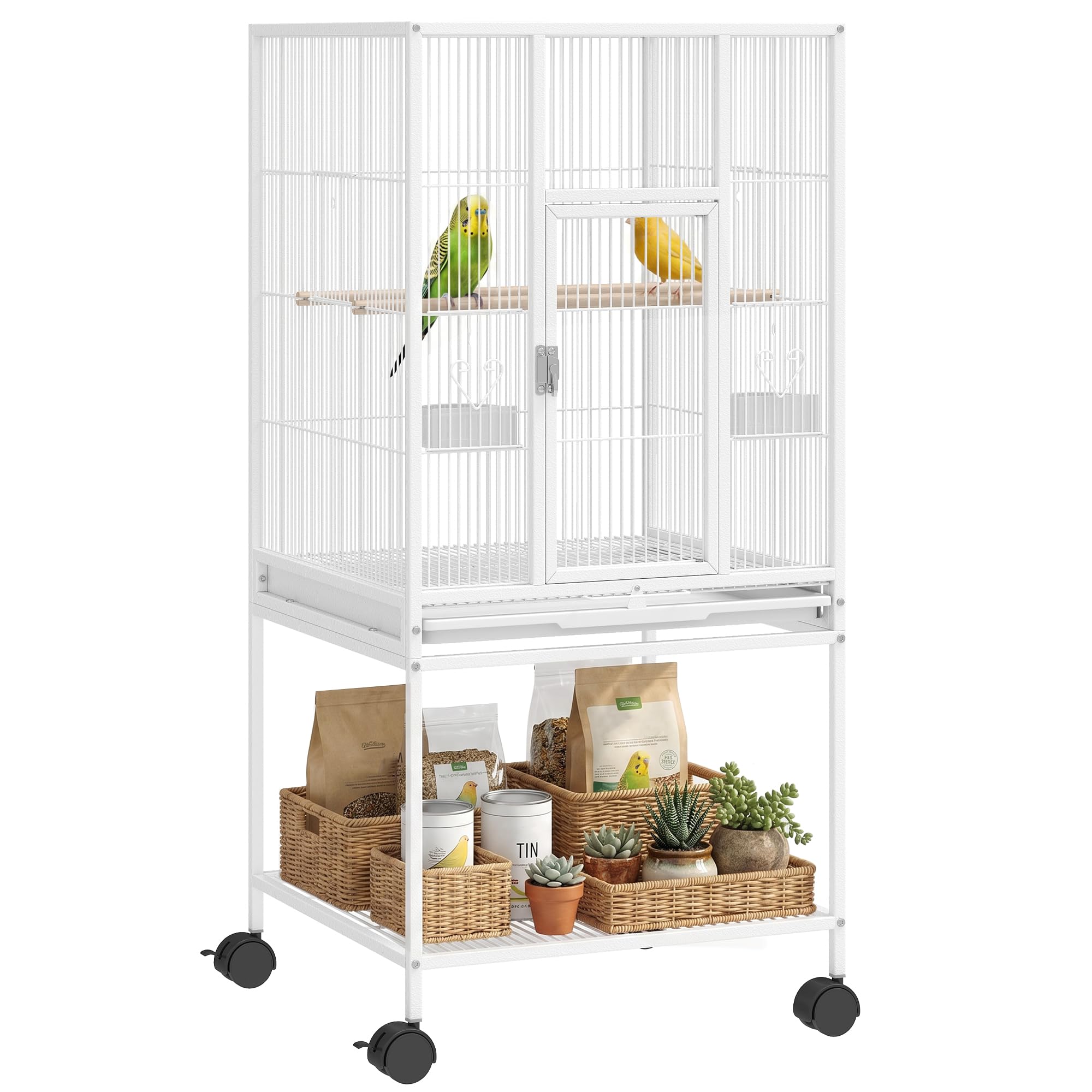 PawHut Jaula desmontable para pájaros con ruedas, para pinzones, periquitos, periquitos, periquitos, jaulas de periquitos, jaula para periquitos, pajarera para loros con accesorios, estante de