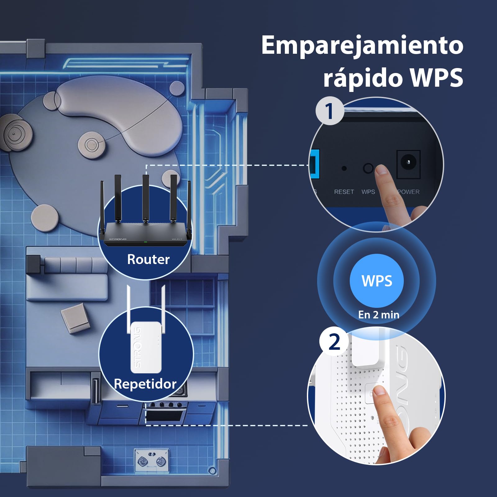 STRONG Repetidor WiFi 7 BE3600, Amplificador WiFi Doble Banda | 3600 Mbps, WiFi 7, MLO, Doble Banda, Repetidor WiFi, Puerto Gigabit, 2 antenas externas, Punto de Acceso