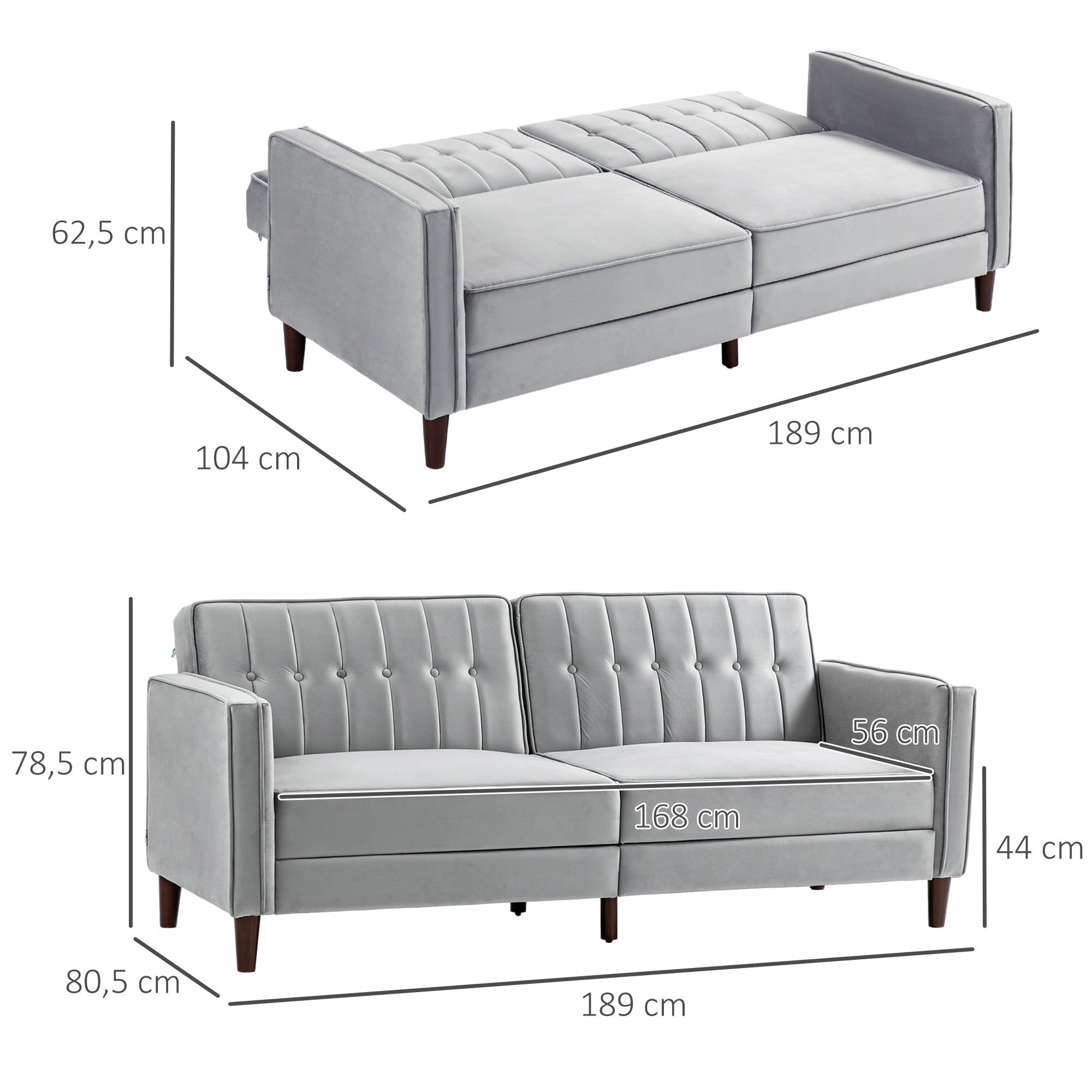HOMCOM Sofá de 3 Plazas Convertible en Cama Tapizado en Terciopelo con Respaldo Ajustable y Patas de Madera Sofá Moderno para Salón Oficina 189x81x83,5 cm Gris
