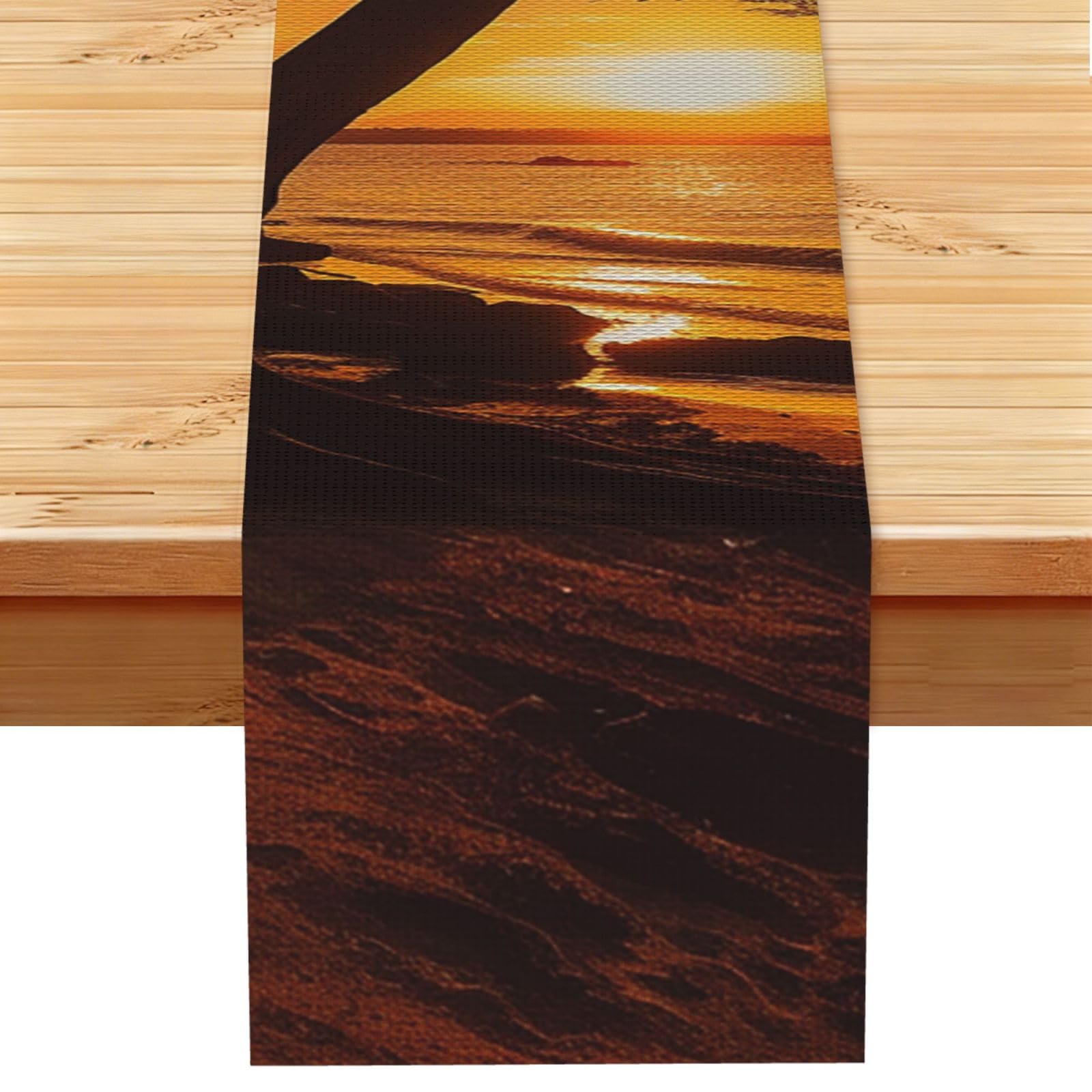 Seashore Trees Sunset Table Runner 13x72 Inch Cotton Linen Table Linen Washable Farmhouse Tablecloth Modern Abstract Art Kitchen Dinning Table Decoration for Home Party Decor
