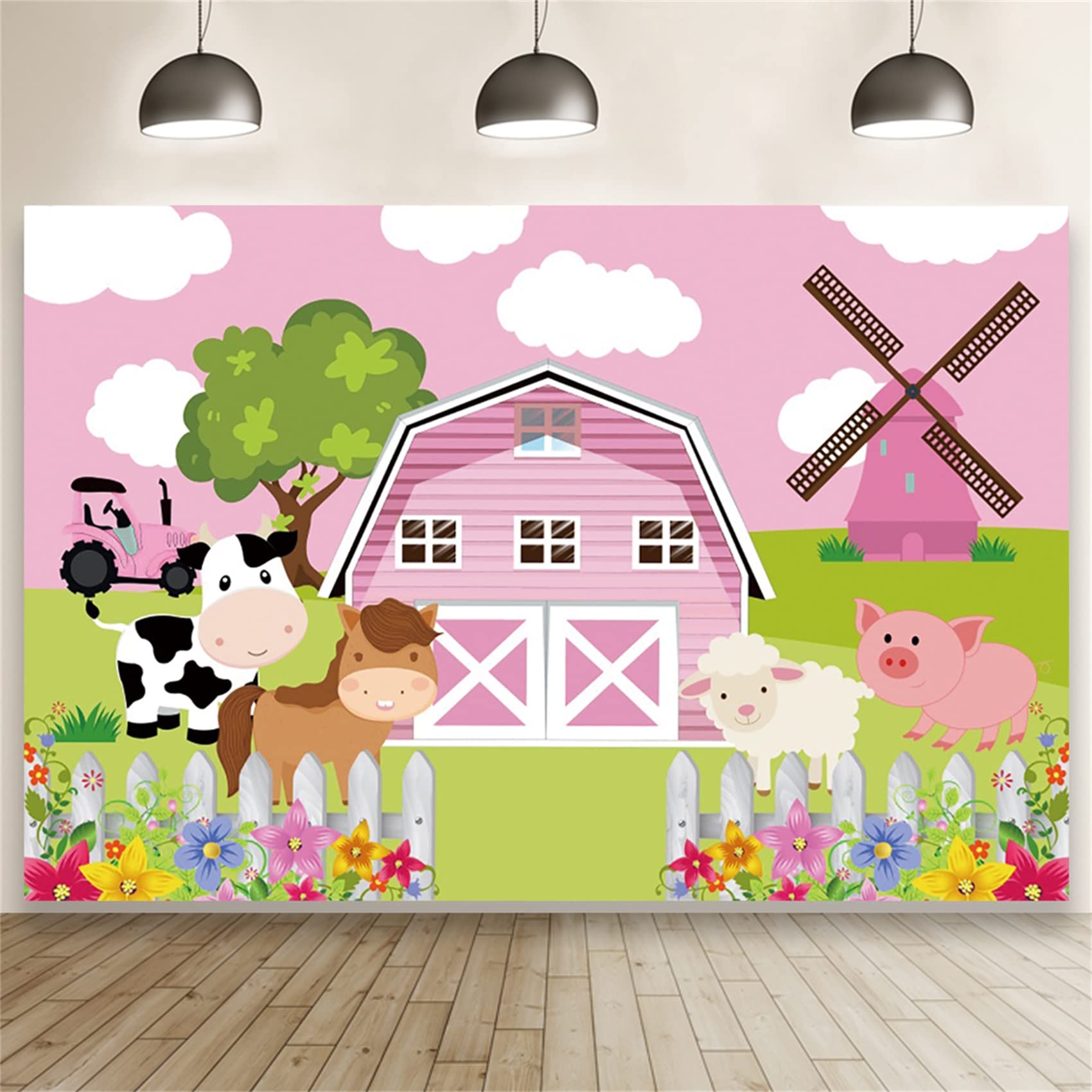 TTQYFNM 6.5x6.5ft Pink Farm Barn Round Backdrop Cover Cartoon Farm Animals Pink Barn House Green Grass Photography Background For Girls 1st 2nd Birthday Party Baby Shower Cake Table Decoration Banner - View #8