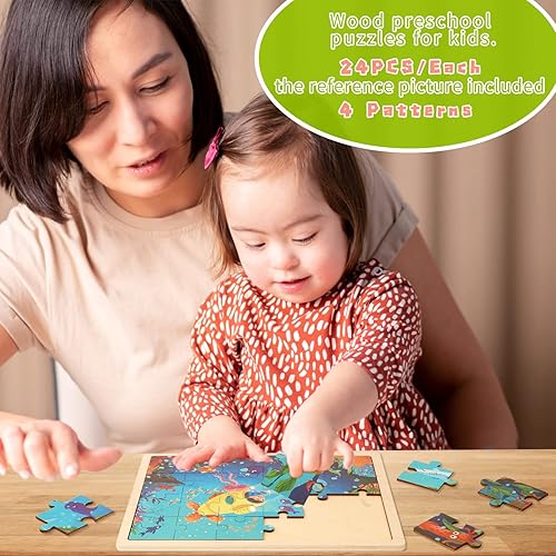 Miniatura 6 de Rompecabezas de madera para niños de 3 a 5 años paquete de 4 piezas de madera preescolar rompecabezas de dinosaurio para niños y niñas