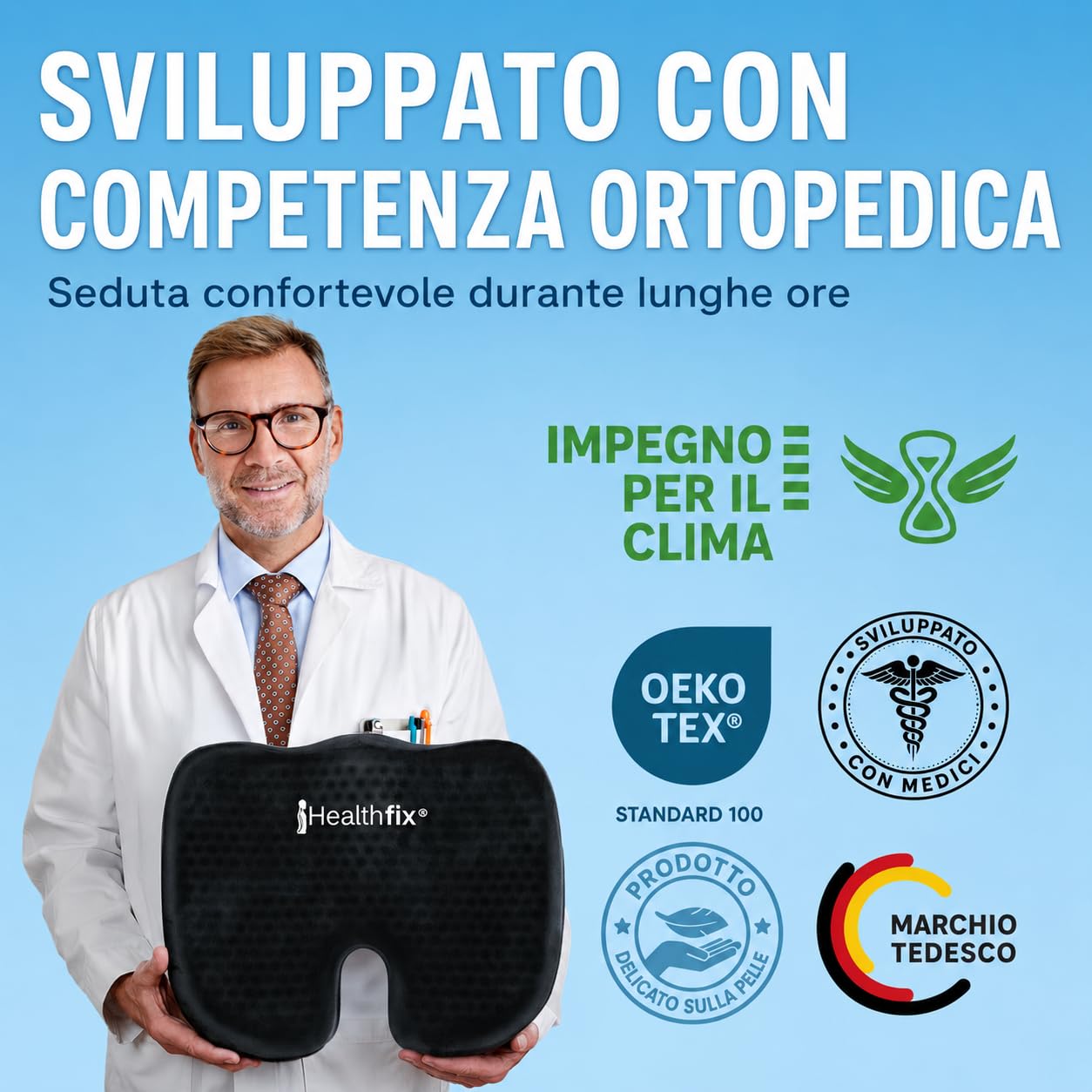 Healthfix Cuscino ortopedico per sedia da ufficio, scarico del coccige, con strato Honeycomb e rivestimento in velluto, ergonomico, per ufficio, auto, casa, 45 x 36 x 7 cm (nero)
