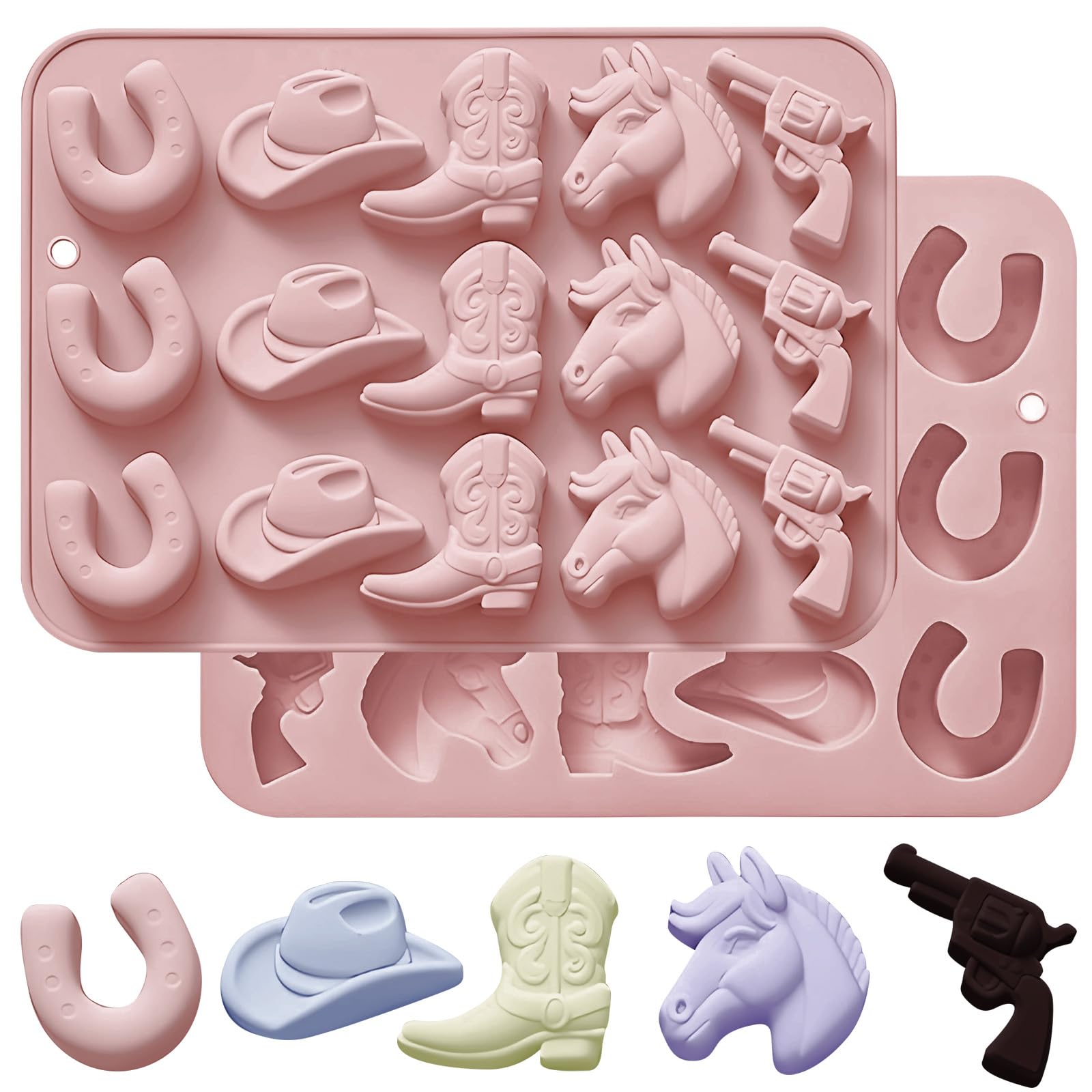 2Pcs Cowboy Chocolate Mold Double Powder, Candy Molds Western Themed Party for Ice Cube Cupcake Decorations, Clay Baking Moulds Silicone Hat Boot Horse Saddle Shape