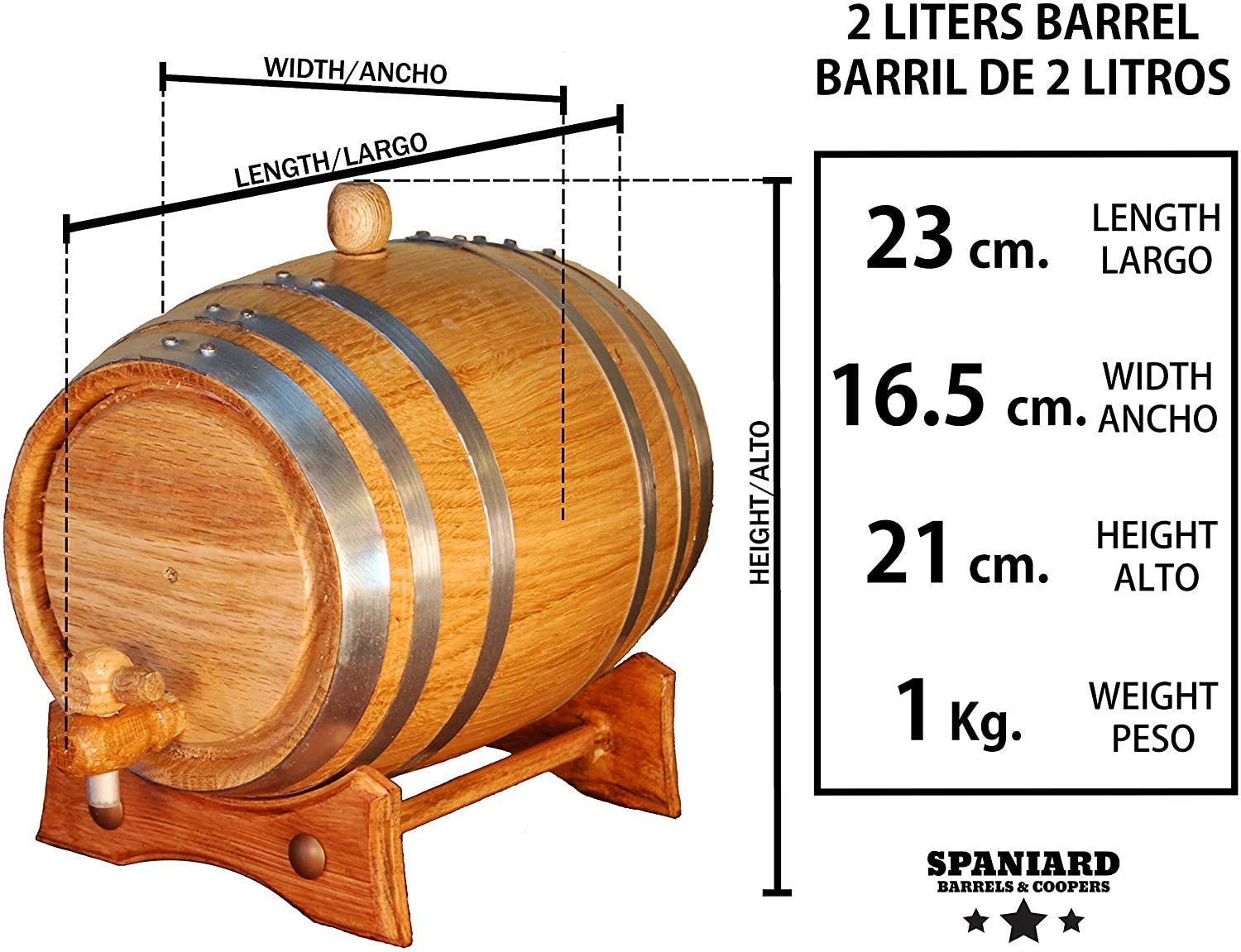 Spaniard Barrels & Coopers - Tonneau artisanal en chêne américain (2 litres)