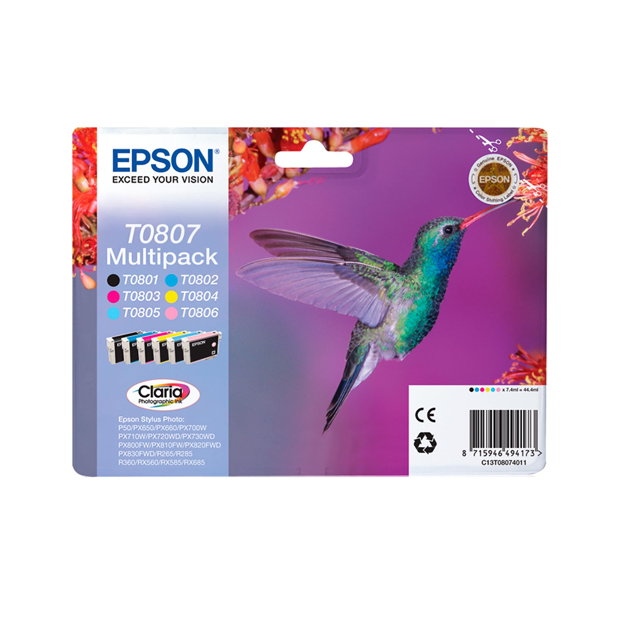 Epson Multipack di cartucce originali Colibrì T0807-6 colori: Cartuccia nero, ciano chiaro, magenta chiaro, magenta, giallo - 6 x 7,4 ml