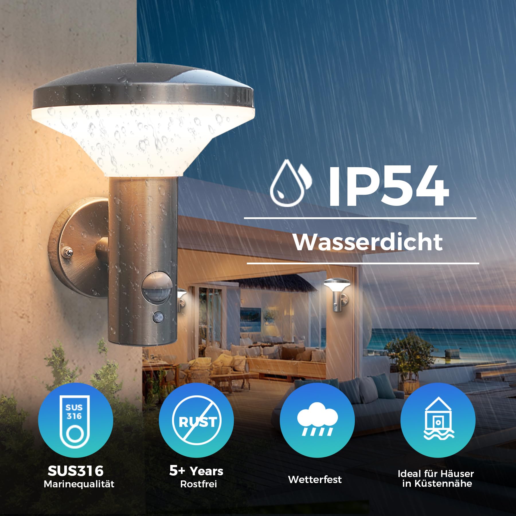 NBHANYUAN Lighting LED Lampe d'extérieur avec Détecteur de Mouvement,Lampes Murales Extérieur pour Balcon,Argent SUS316 Acier Inoxydable 3000K Lumière Blanche Chaude 9W IP54 220-240V