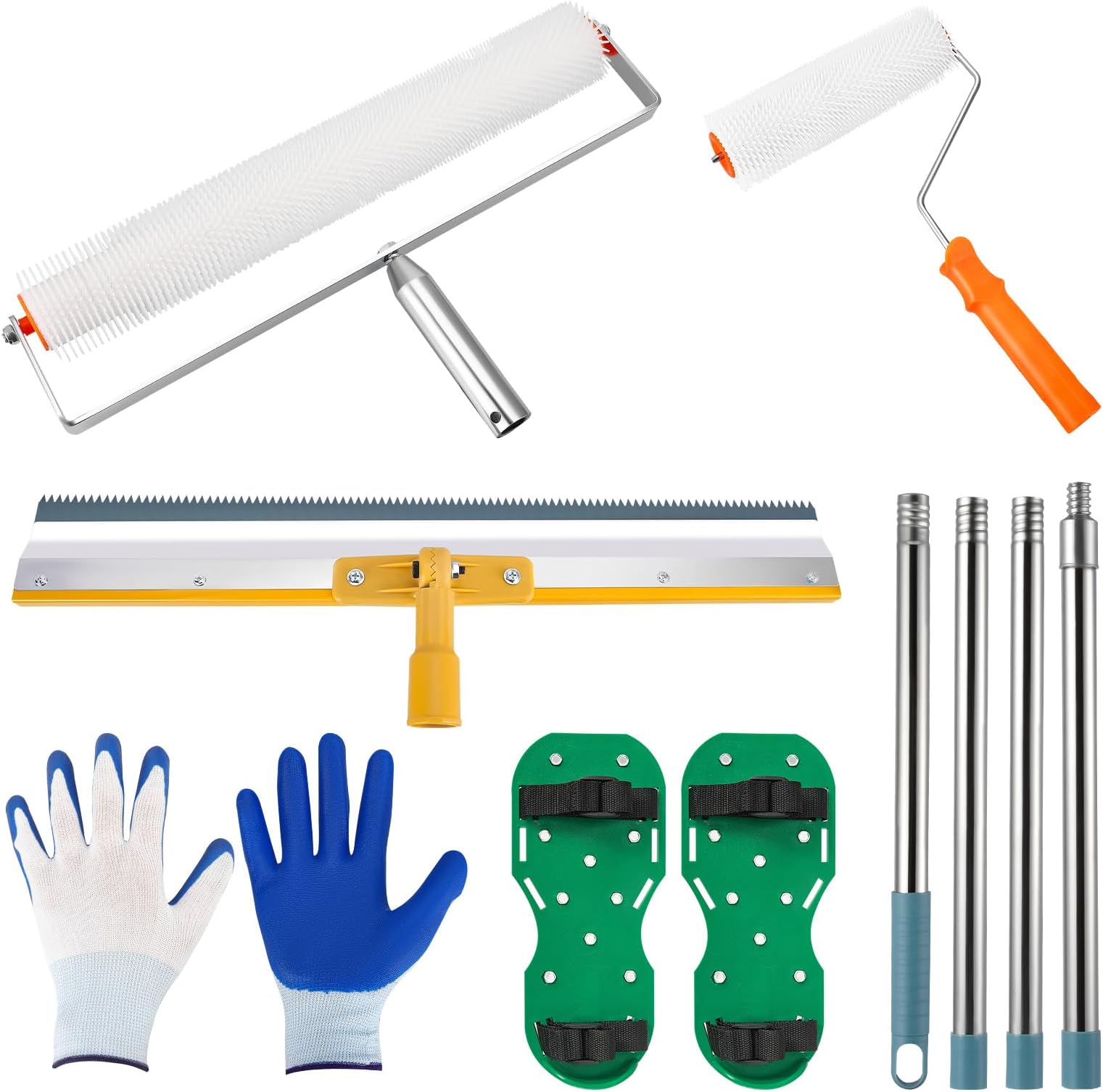 Self-Levelling Cement Tool Kit, Floor Construction Roller Spike Shoes, Epoxy Floor Paint Tool, 56cm Stainless Steel Scraper Rake and 30cm Spiked Shoes, Removable Extended Handle for Self-Leveling