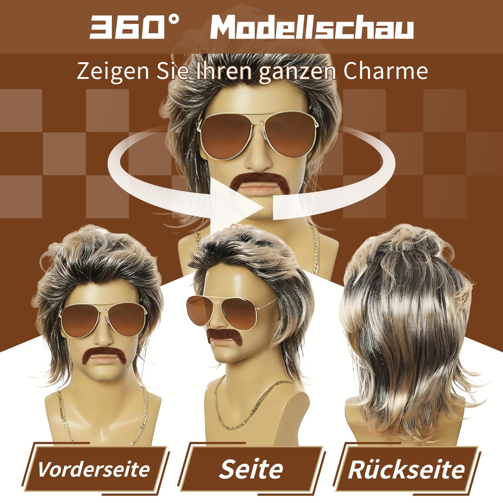 GADITIEK 80er Jahre Outfit Herren 6er Set, Vokuhila Perücke Herren, 80er Jahre Accessoires Männer, 70er 80er 90er Zuhälter Kostüm Disco Party Kleidung