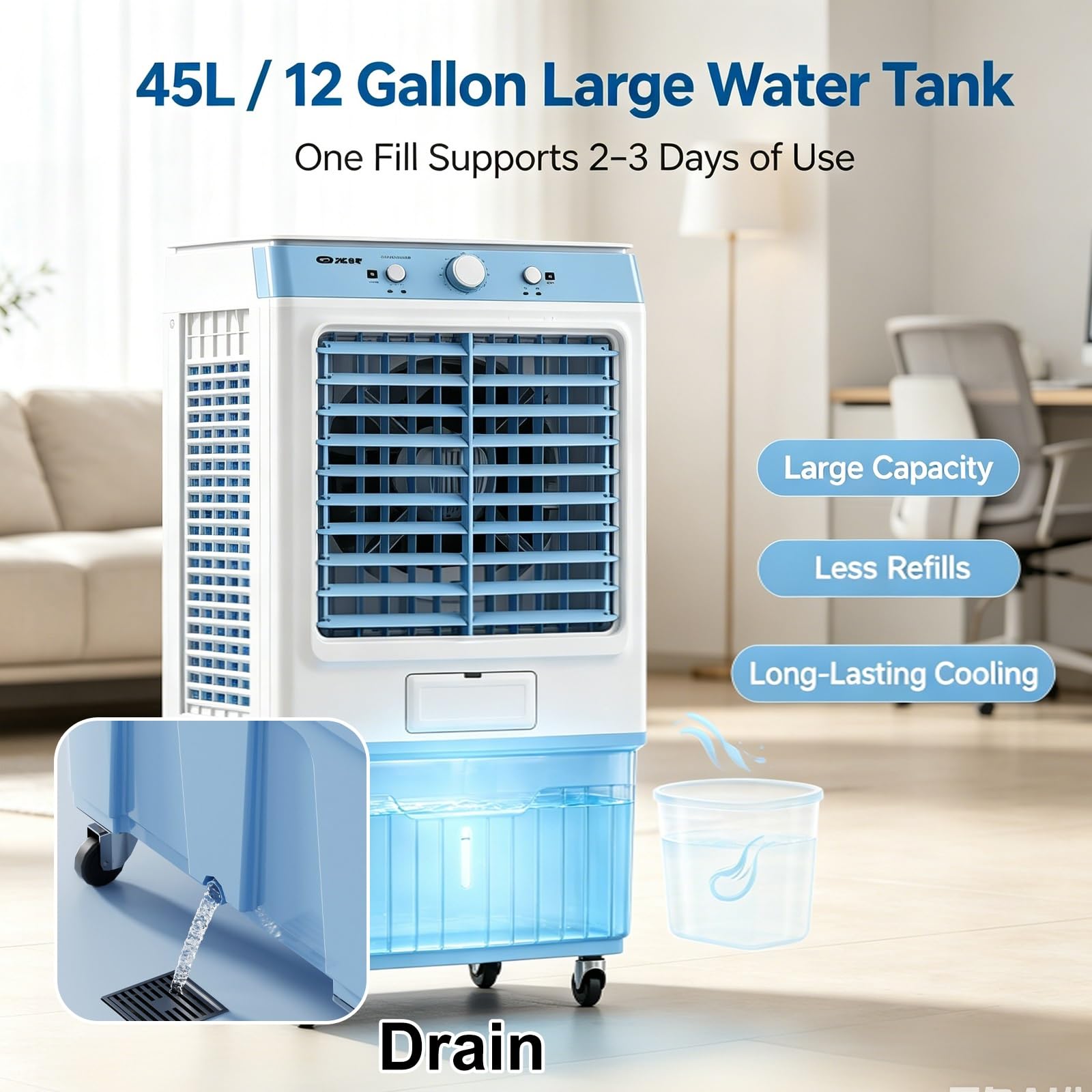 Enfriador de Aire Evaporativo Climatizador Portátil Gran Tanque de Agua | Cuerpo de Plástico, 220W, Doble Tanque de Agua, 4 Cajas de Hielo, 4 Ruedas Giratorias, Azul