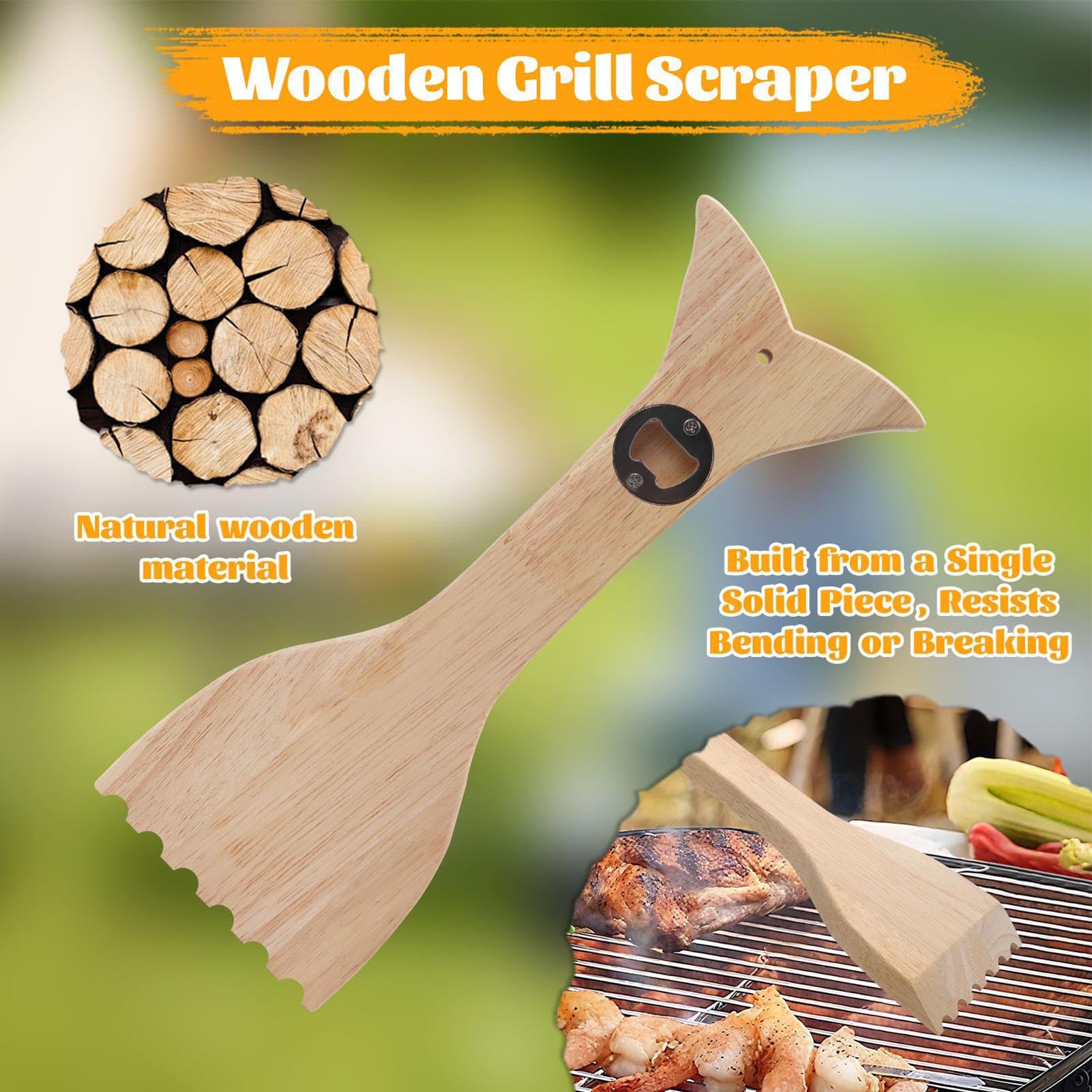XIAOXIAOYU Rascador de Madera para Parrilla, raspador de Parrilla de Madera Natural para Barbacoa, Herramienta de Limpieza portátil antiarañazos con abridor de Botellas para ahumadores de Parrilla